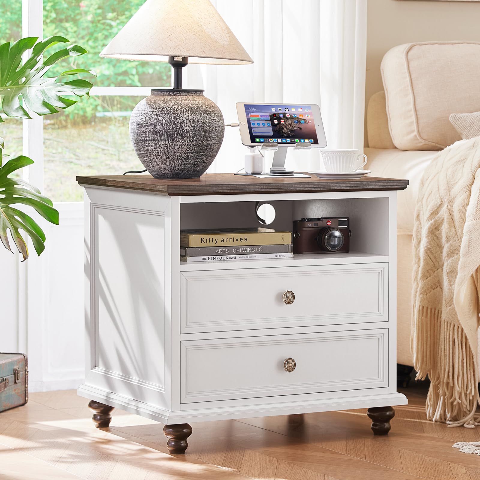 Joaxswe 24" Wide Farmhouse Nightstand with Charging Station, End Table with 2 Drawers, White Wood Dresser for Bedroom Cabinet, Bed Side Table Chest of