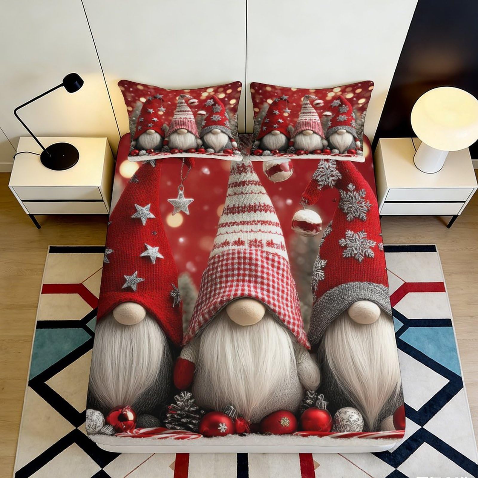 3D Printed Christmas Gnome Fitted Sheet Microfiber Nordic Holiday Red Mattress Cover for Bedroom Guest Room Festive Decor 160x200x25cm