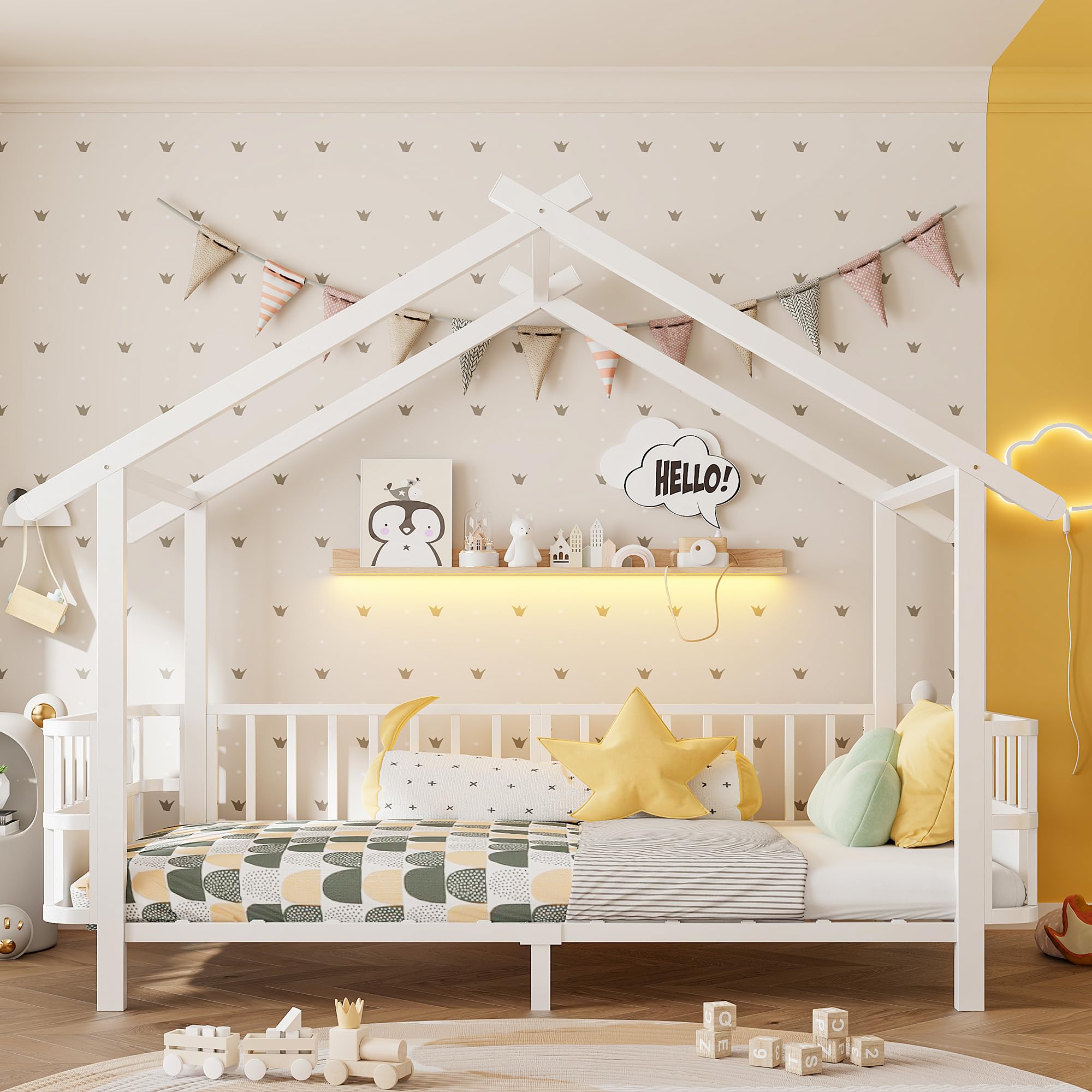 Merax Kinderbett aus Metall in Hausform 90x200 cm mit Sicherheitsgitter & Dachdesign – Weiß (Ohne Matratze)
