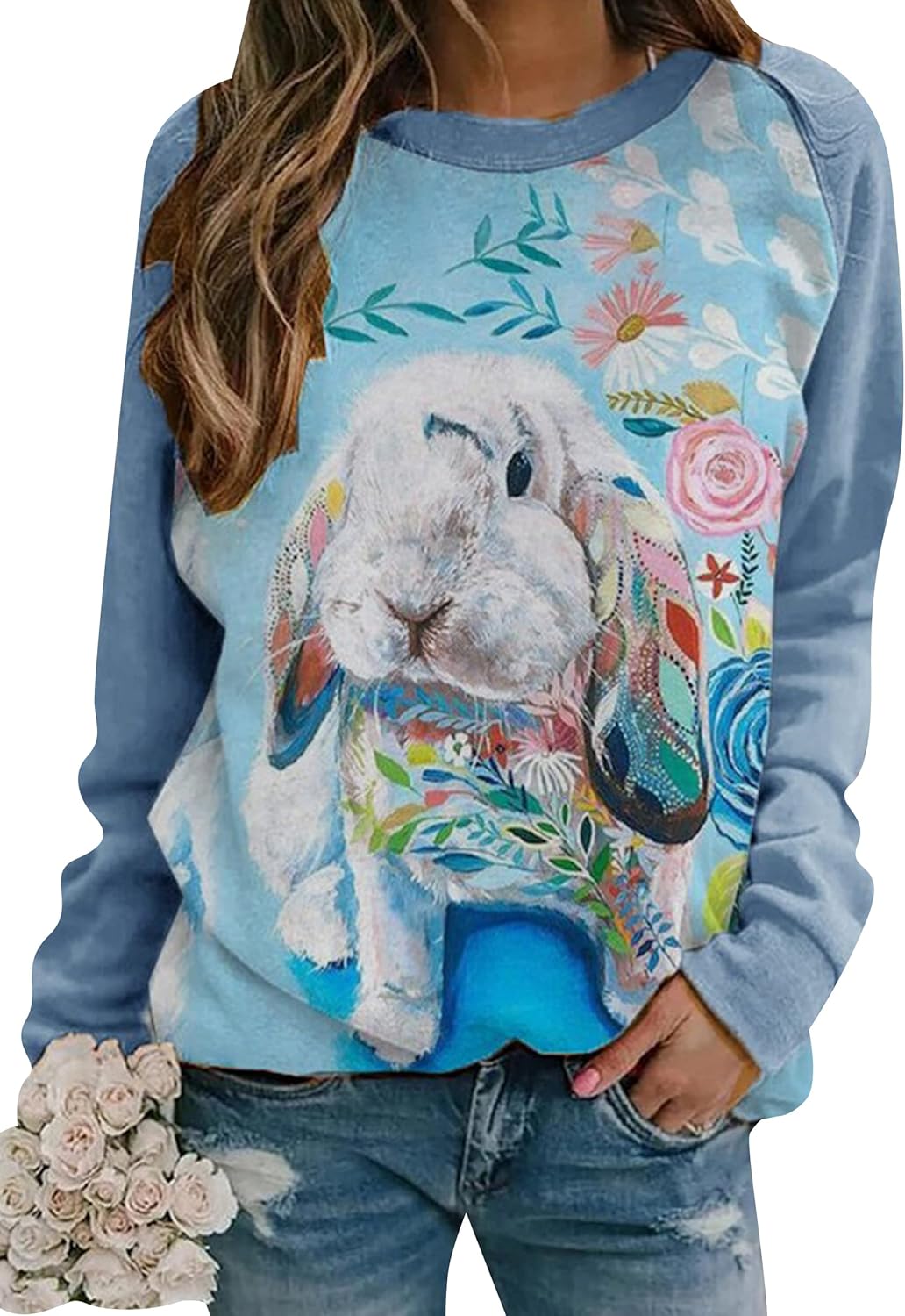 YMING Womens Easter Day Crew Neck Sweatshirt Bunny Printed Long Sleeve Pullover Cute Rabbit Shirt Tops Plus Size