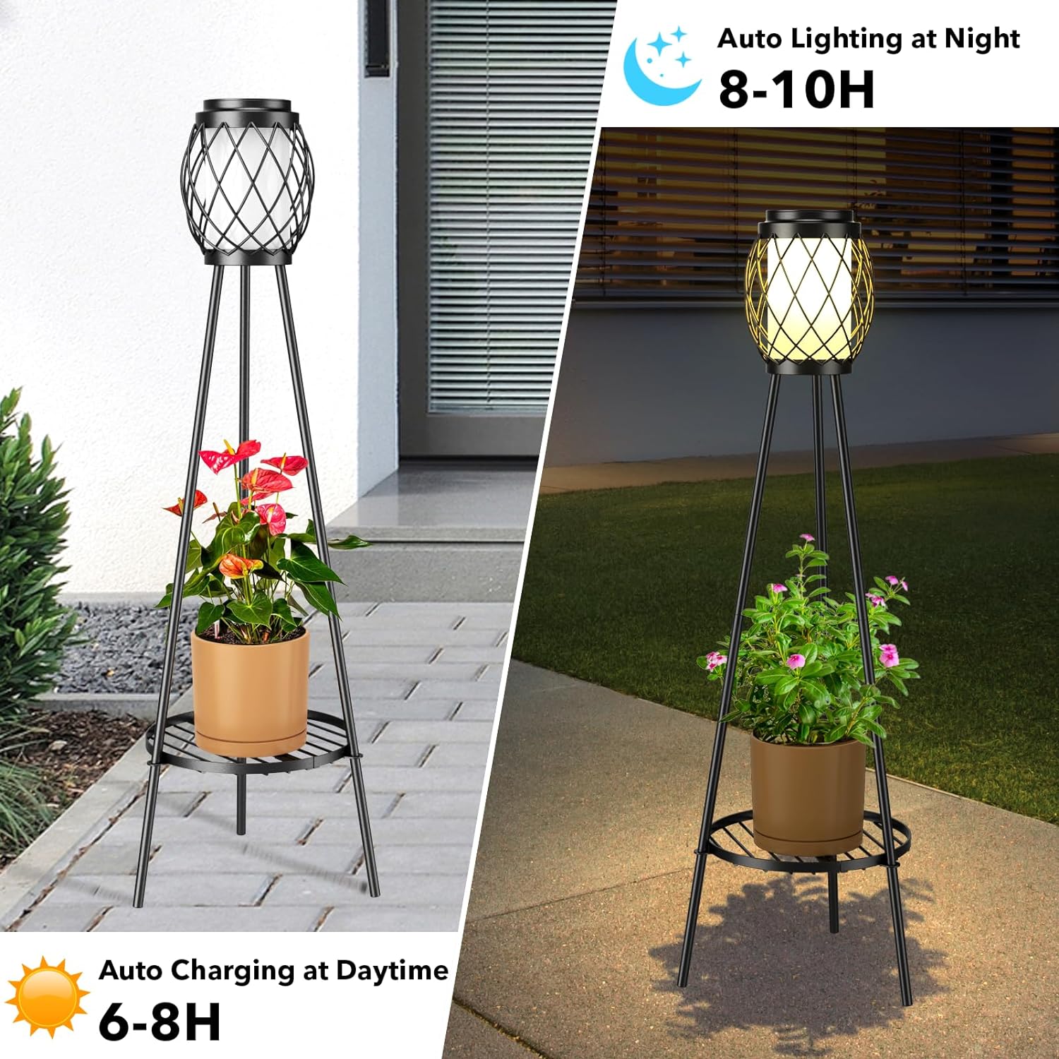 Solar Lights Outdoor with Plant Stands 2 Pack, Solar Floor Lamp Metal Tripod Patio Lights for Garden Yard Pathway Driveway Front/Back Porch Decoration-B- 2Pack Black - Single shelf