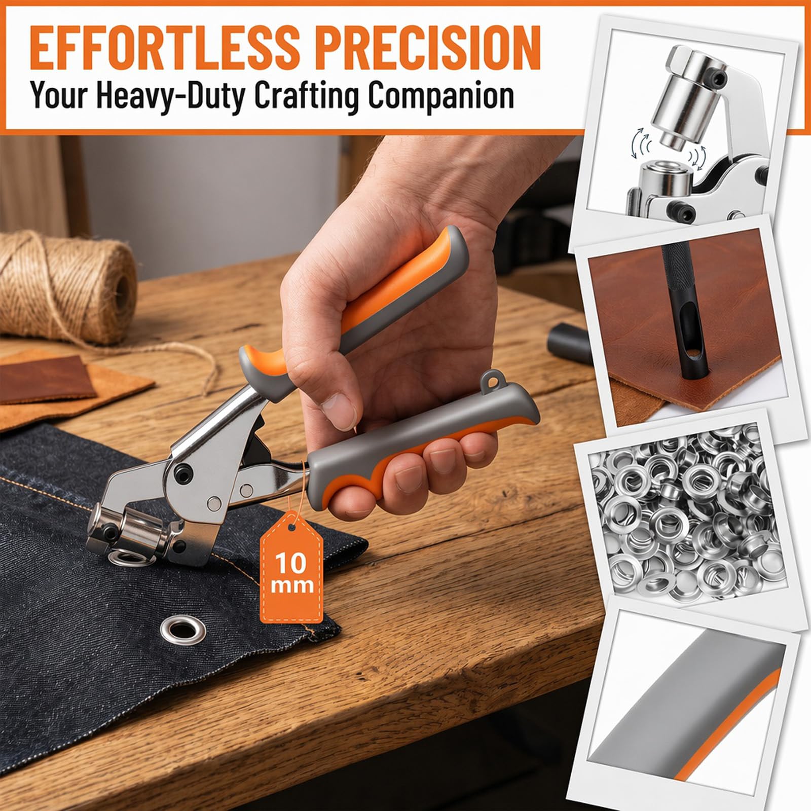 Kit de Ojales Metalicos con 200 Ojetes Metálicos (Ø10mm), Remachadora de Ojales con Alicates de Ojales y Perforadora, Herramienta Manual para Lona Cuero PVC Tela