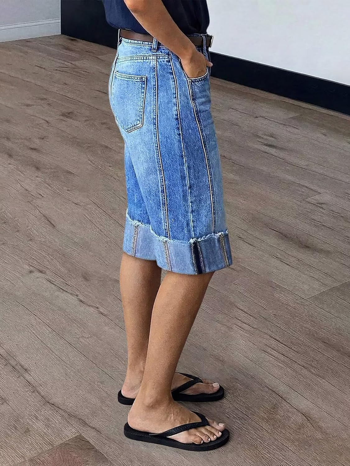 Flamingals Women's Bermuda Denim Shorts Mid Rise Knee Length Roll Hem Casual Summer Capri Jean Shorts for Women Without Belt