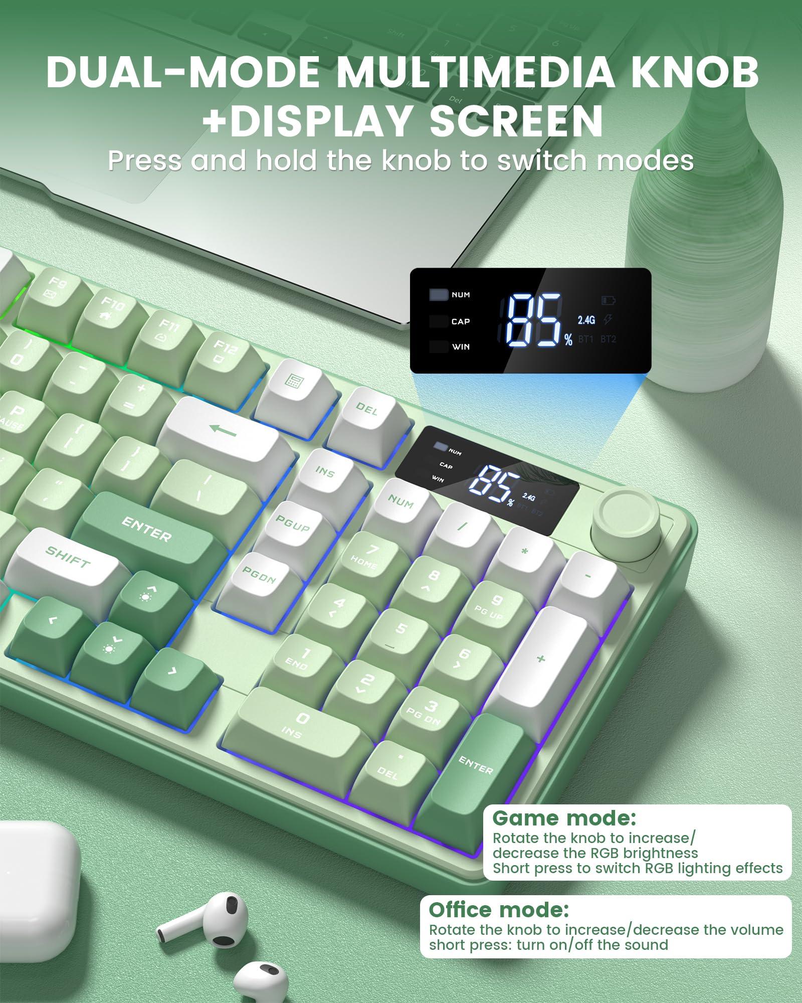 Keymatic Gaming Keyboard Wireless Creamy Keyboard with Media Knob & Screen Cute Keyboard Mechanical Feeling Membrane Keyboard with Number Pad RGB Backlit Tri-Mode BT/2.4GHz/USB-C - Green — view 6