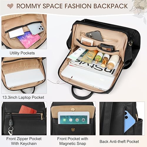 Miniatura 4 de NUBILY Mochila de cuero antirrobo para mujer, mochila de viaje, impermeable, casual, mochilas de moda, Negro -, Moda