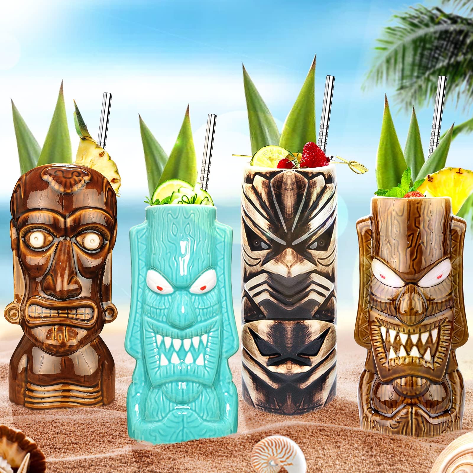 Tiki Glasses for Cocktails Tiki Mugs Set of 4 Ceramic Tiki Party Cups