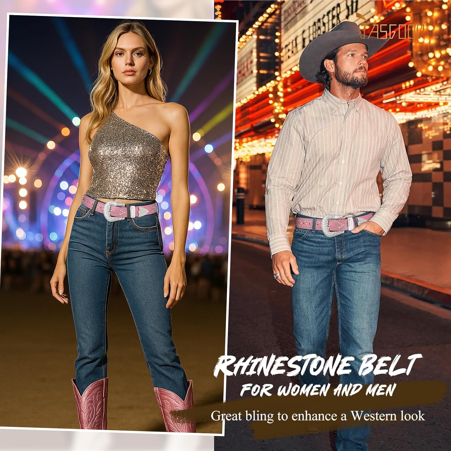 JASGOOD Rhinestones Belt for Women Men Plus Size Western Cowboy Cowgirl Studded Diamond Leather Waist Belt for Jeans Pants - Image 5