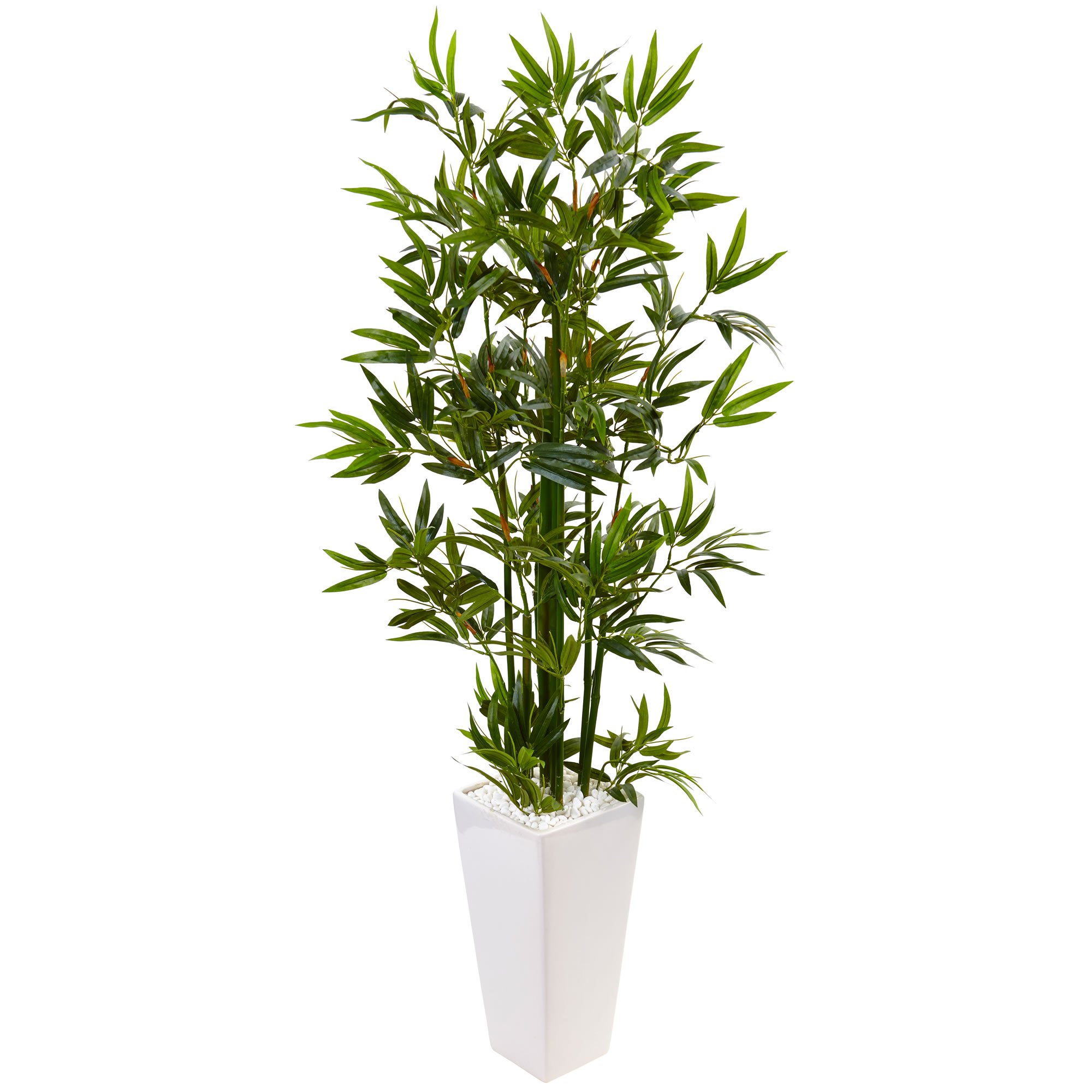 Nearly Natural 4.5ft. Bamboo Artificial Tree in White Tower Planter