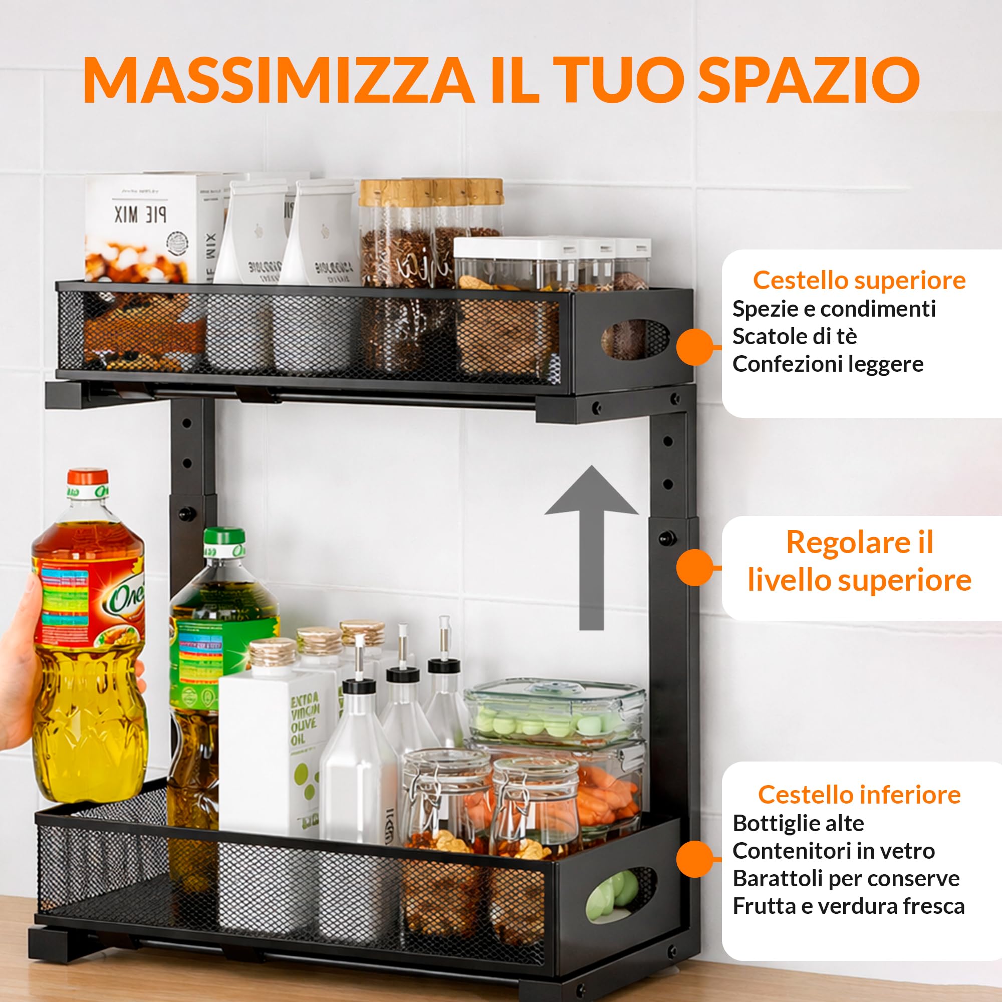 Organizzatore basso lavello per cucina o bagno - Organizer da cucina in metallo nero con doppia altezza e vassoi estraibili - Scaffale per riporre prodotti per la pulizia, dispensa e altro - Pack 2