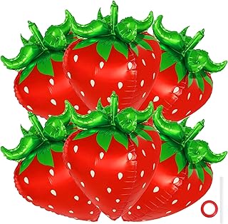6 Pcs Strawberry Balloons, 4D Sweet Fruit Balloons for Birthday Party Decorations, Strawberry Foil Balloon for Strawberry Themed Party Baby Shower Gender Reveal (6 Pcs Red 4D)