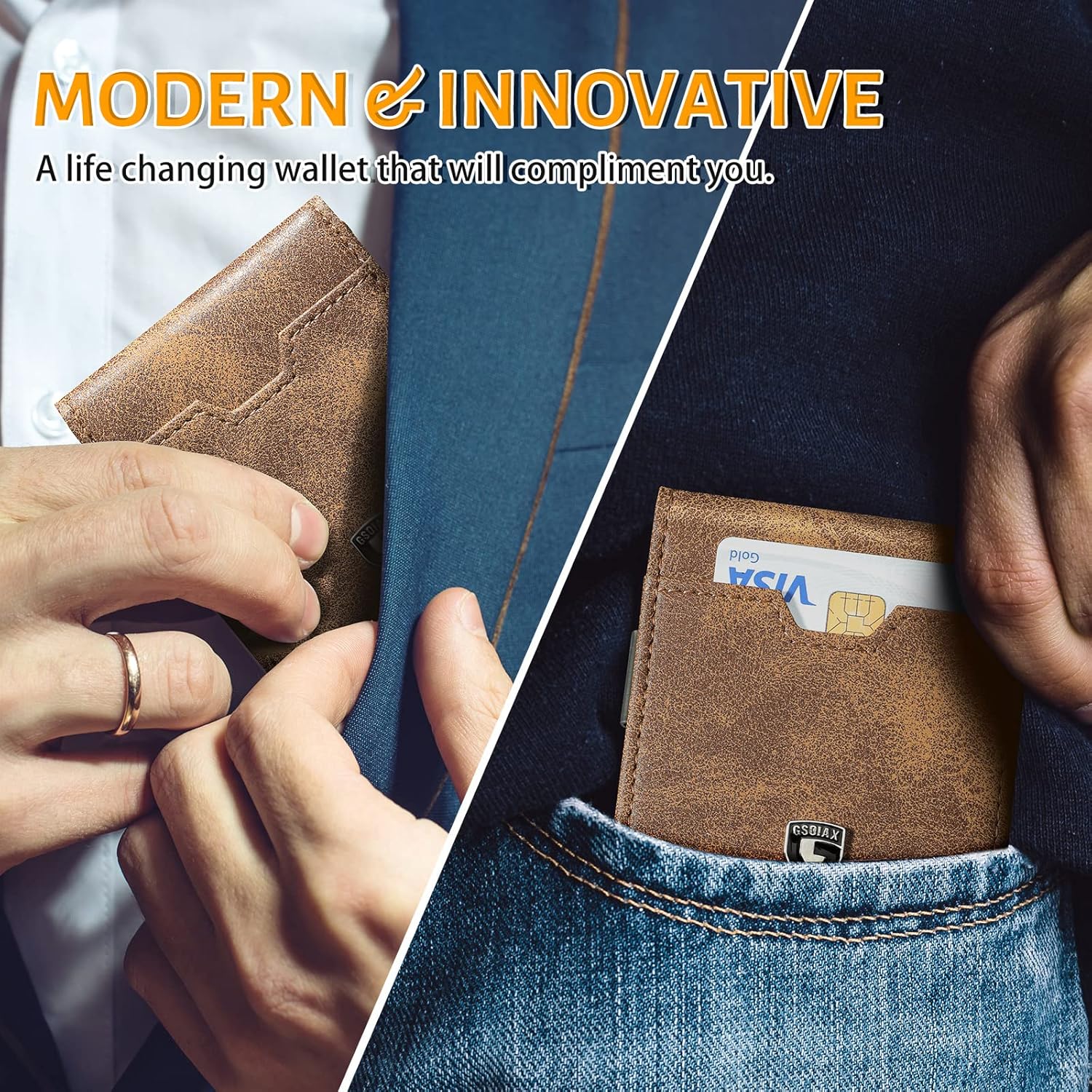 GSOIAX Men's Slim RFID Blocking Leather Wallet with Money Clip Minimalist Carbon Fiber Bifold Credit Card Holder 11 Card Slots Gift Box Included(Leather Brown) - Image 6