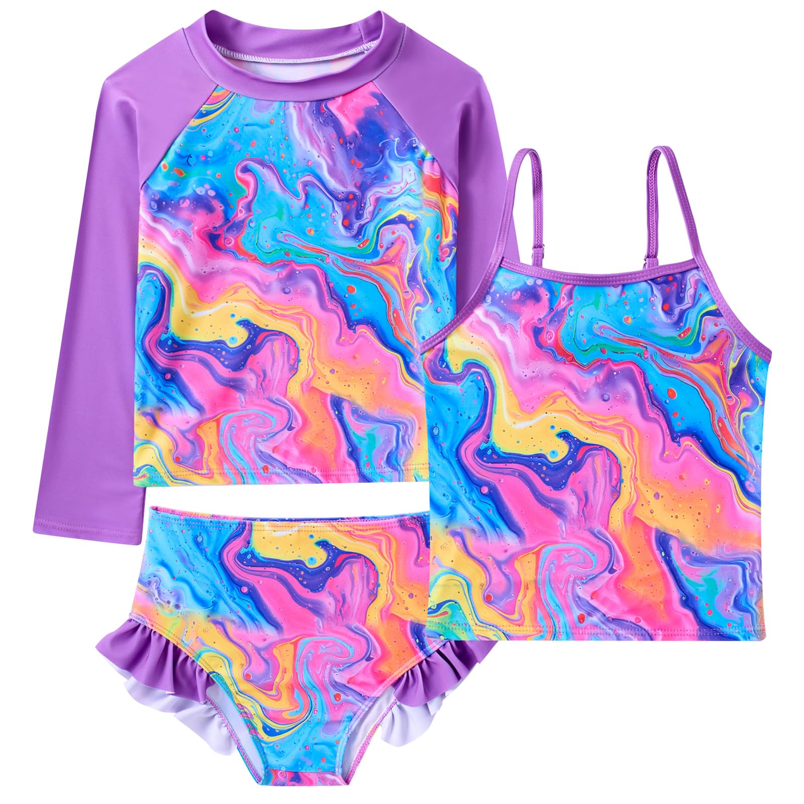 swimsobo Girls 3-Piece Swimsuit Long Sleeve Rash Guard Tankini Sets UPF Sun Proction Bathing Suit 3-10T
