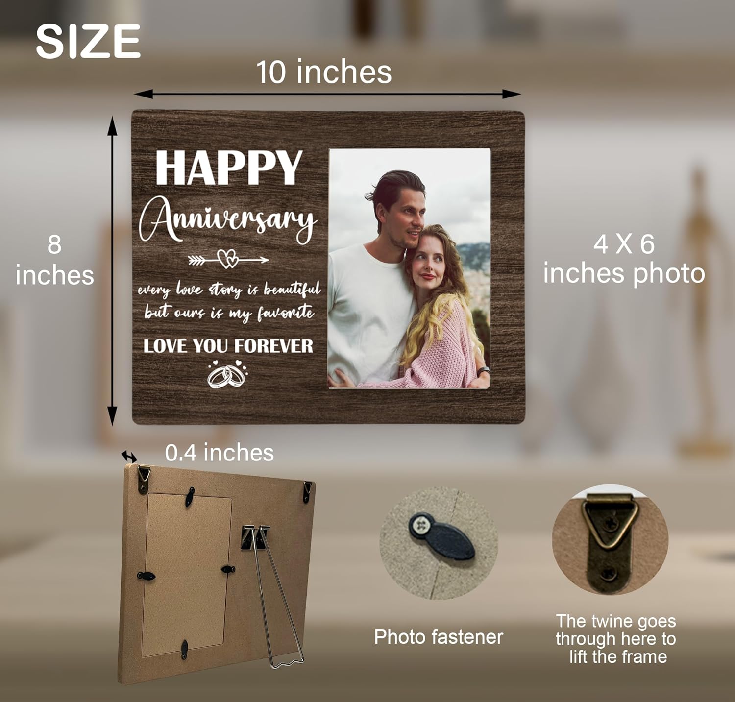Happy Anniversary Picture Frame, Wedding Anniversary Wooden Photo Frame Gifts for Couple, 4x6 inch Photo - Image 3