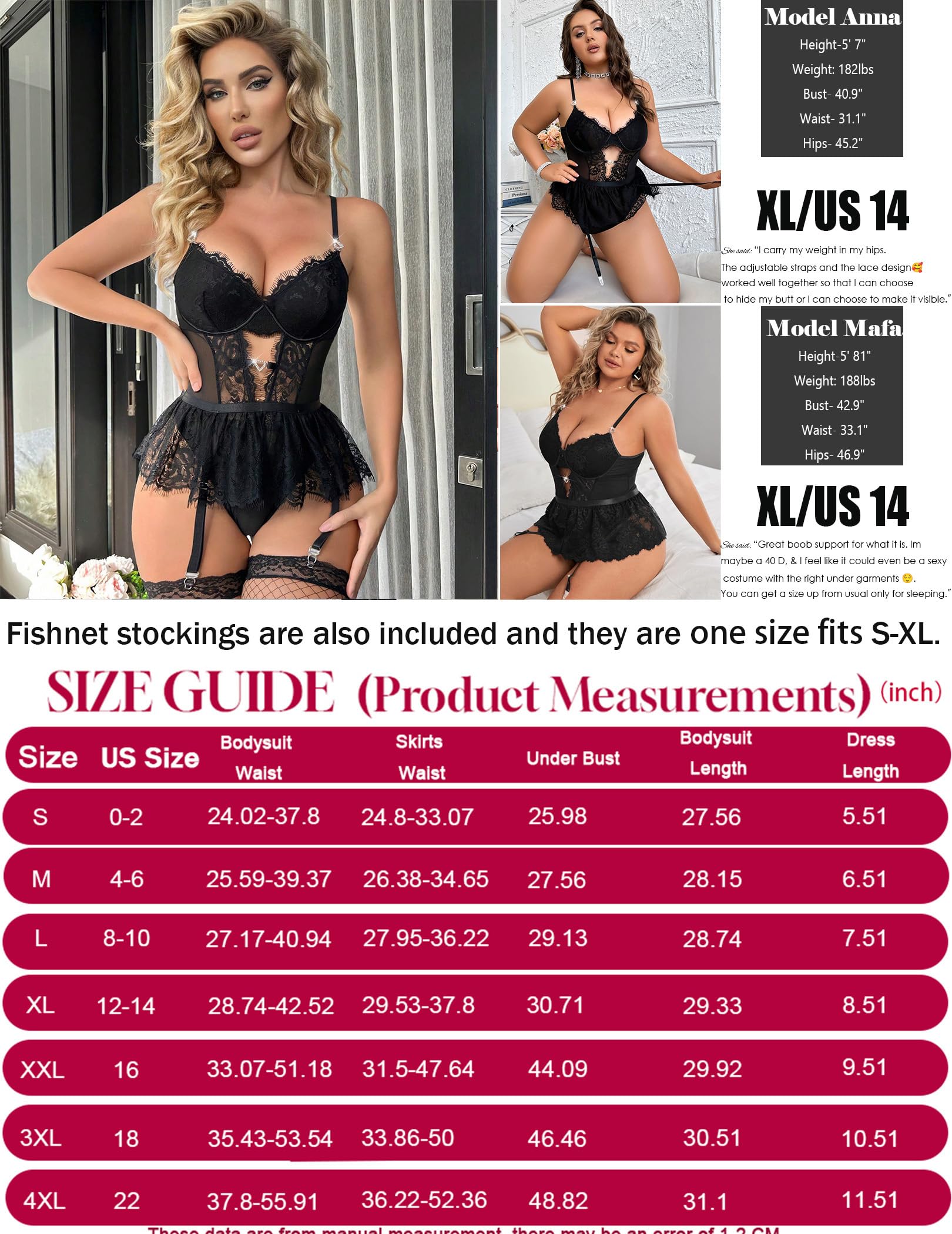 Alrovetoney Women Lingerie Set Naughty Lace Bodysuit High Waisted Underwire Lingerie Babydoll With Garter Belt and Stockings: Large Black