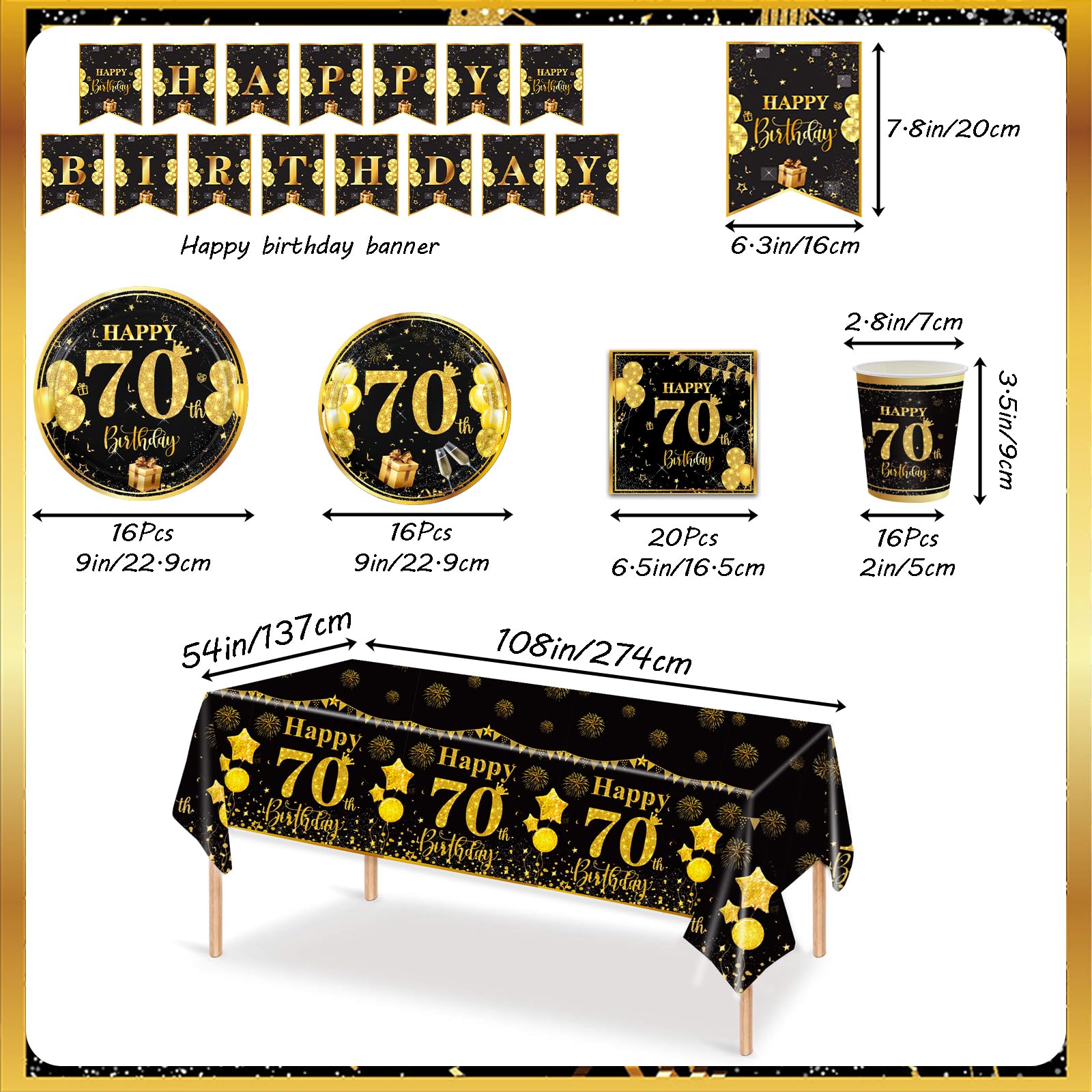 Pack Anniversaire 18 Ans 70 Pièces Or Noir – Assiettes, Gobelets, Serviettes, Bannière, Nappe
