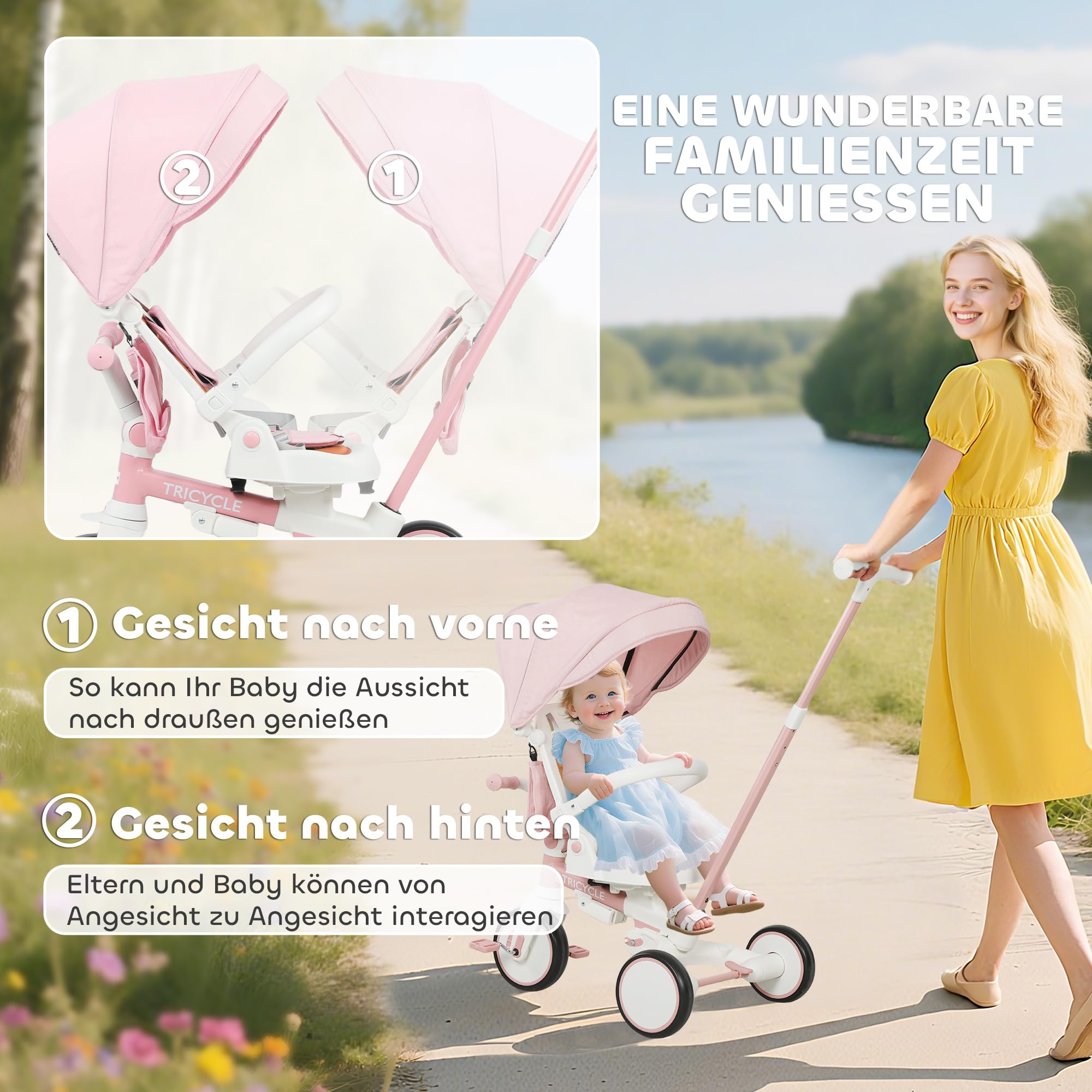AIYAPLAY Trójkołowiec 5w1 składany z drążkiem dla 1-3 lat Różowy