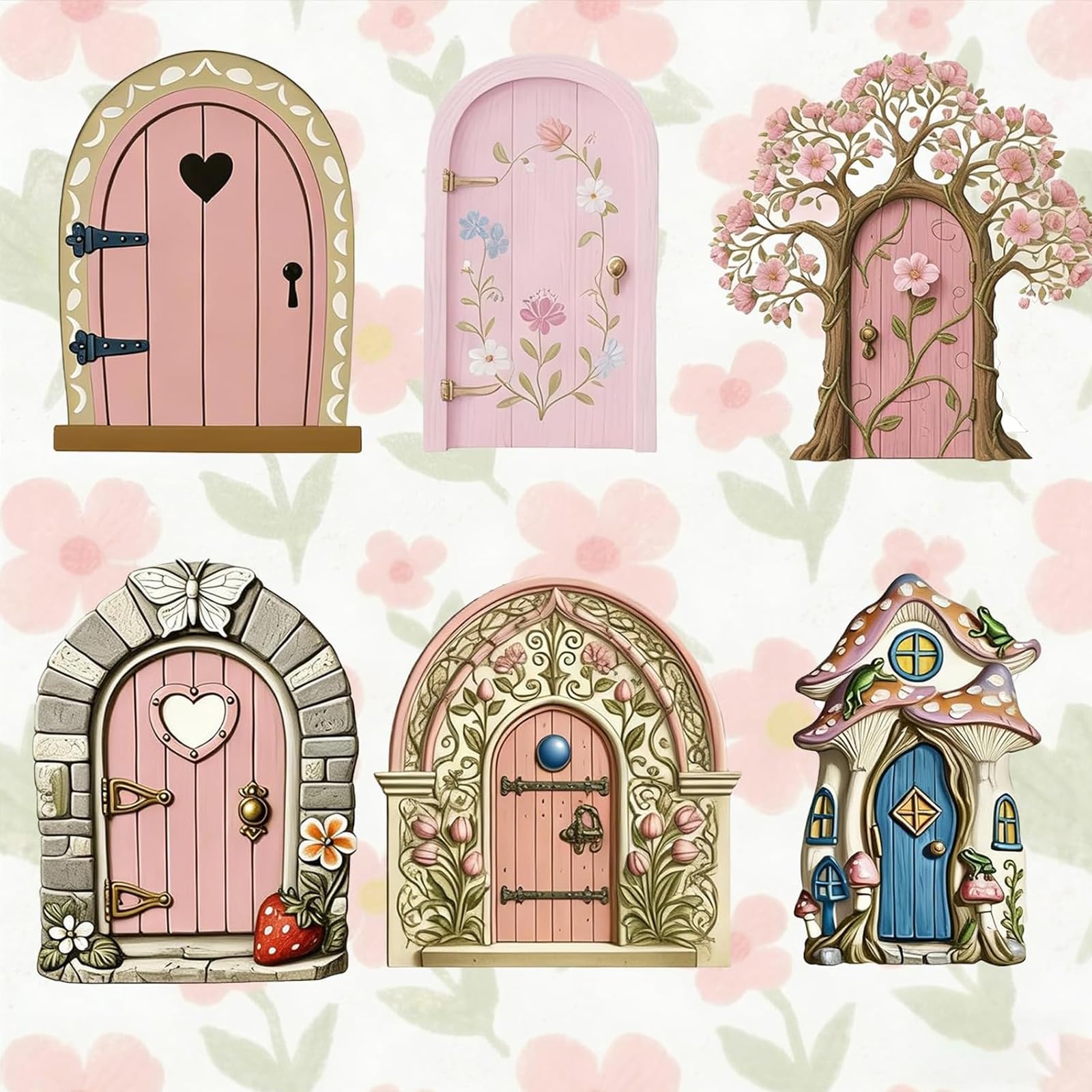 6 Pcs Fairy Door, Fairy Garden Accessories Outdoor Set of 6 Pink Fairy Doors, Fairy Garden, Enchanting Fairy Houses for Garden Decor, Whimsical Fairy Ornaments for Outdoor Magic Tree Displays