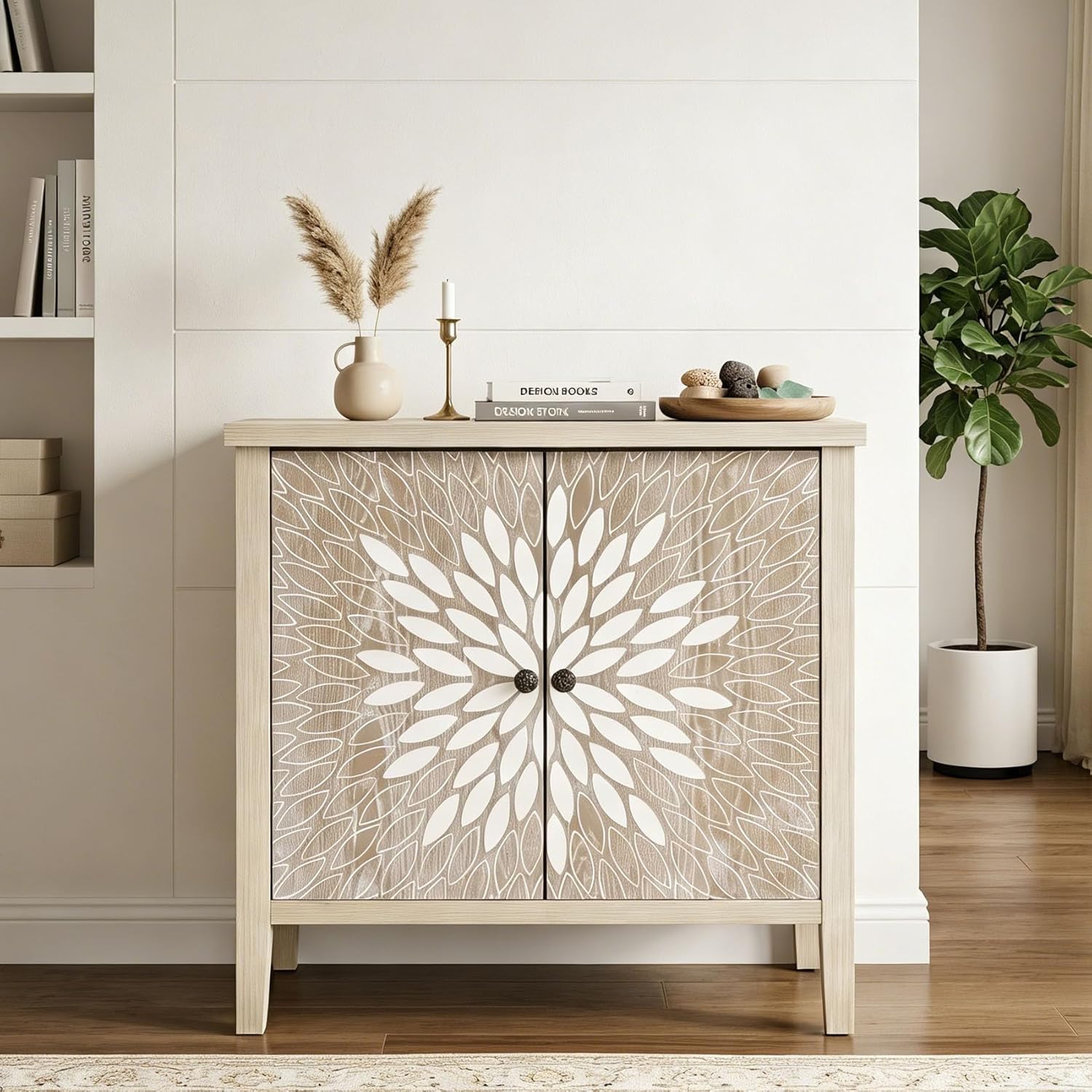 31.5" Decorative Accent Cabinet, Boho Storage Sideboard with Sunburst Leaf Carved Doors, Solid Wood Legs, Finish for Entryway,Dining Room,Natural
