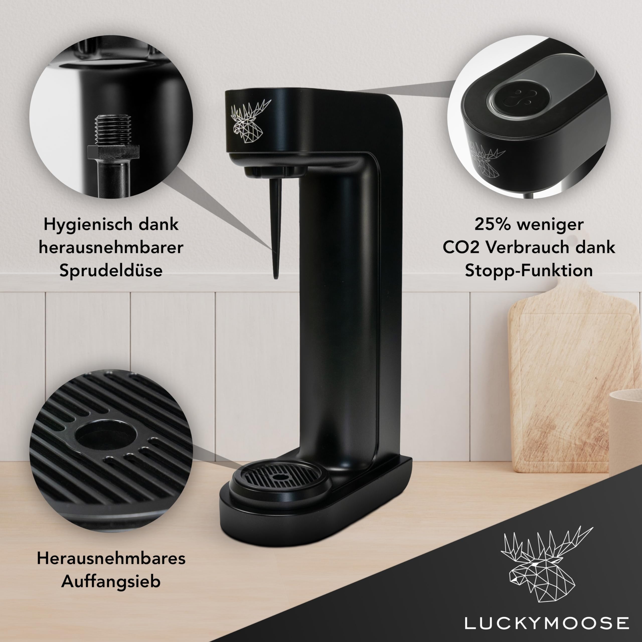 Luckymoose Infinity Wassersprudler mit 2x 1,25L langlebigen, spülmaschinenfesten Edelstahlflaschen – CO₂-sparende Sprudelwasser Maschine – Kompatibel mit den blauen 60l CO₂-Zylindern