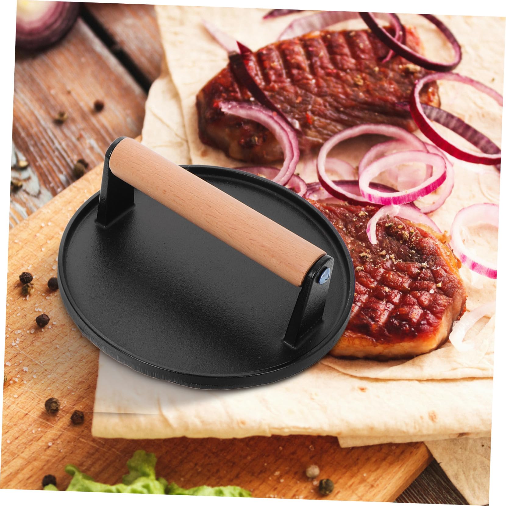 Prensa Rectangular de Hierro Fundido para Hamburguesas 2 Prensas con Mango de Madera y Redonda para Carne y Versátil en Cocina