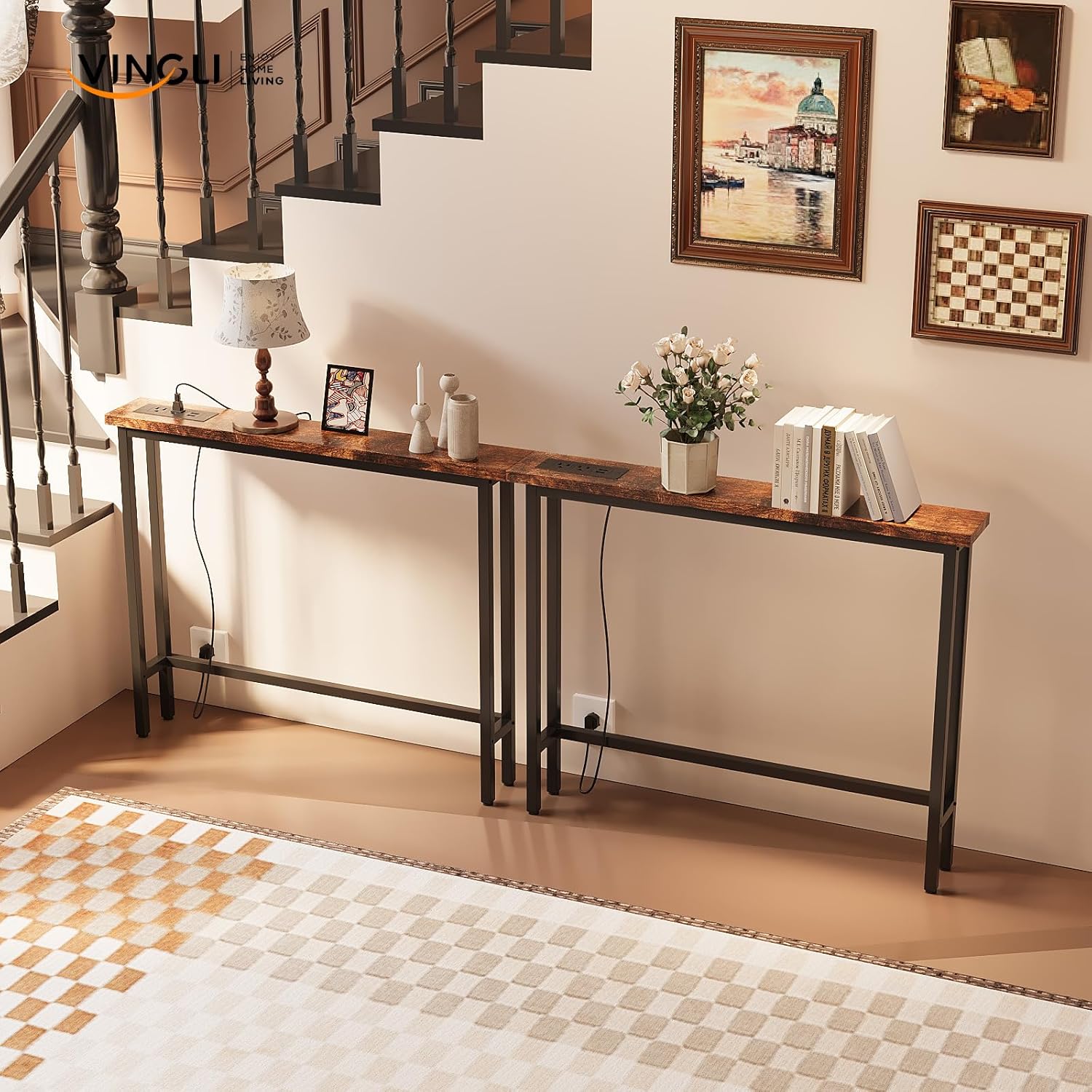 VINGLI 79" Console Table with Power Outlet, 5.9" Narrow Sofa Table Set of 2, Entryway Table with Charging Station & 4.9 Ft Extension Cord & Adjustable Feet, for Living Room, Hallway, Rustic Brown