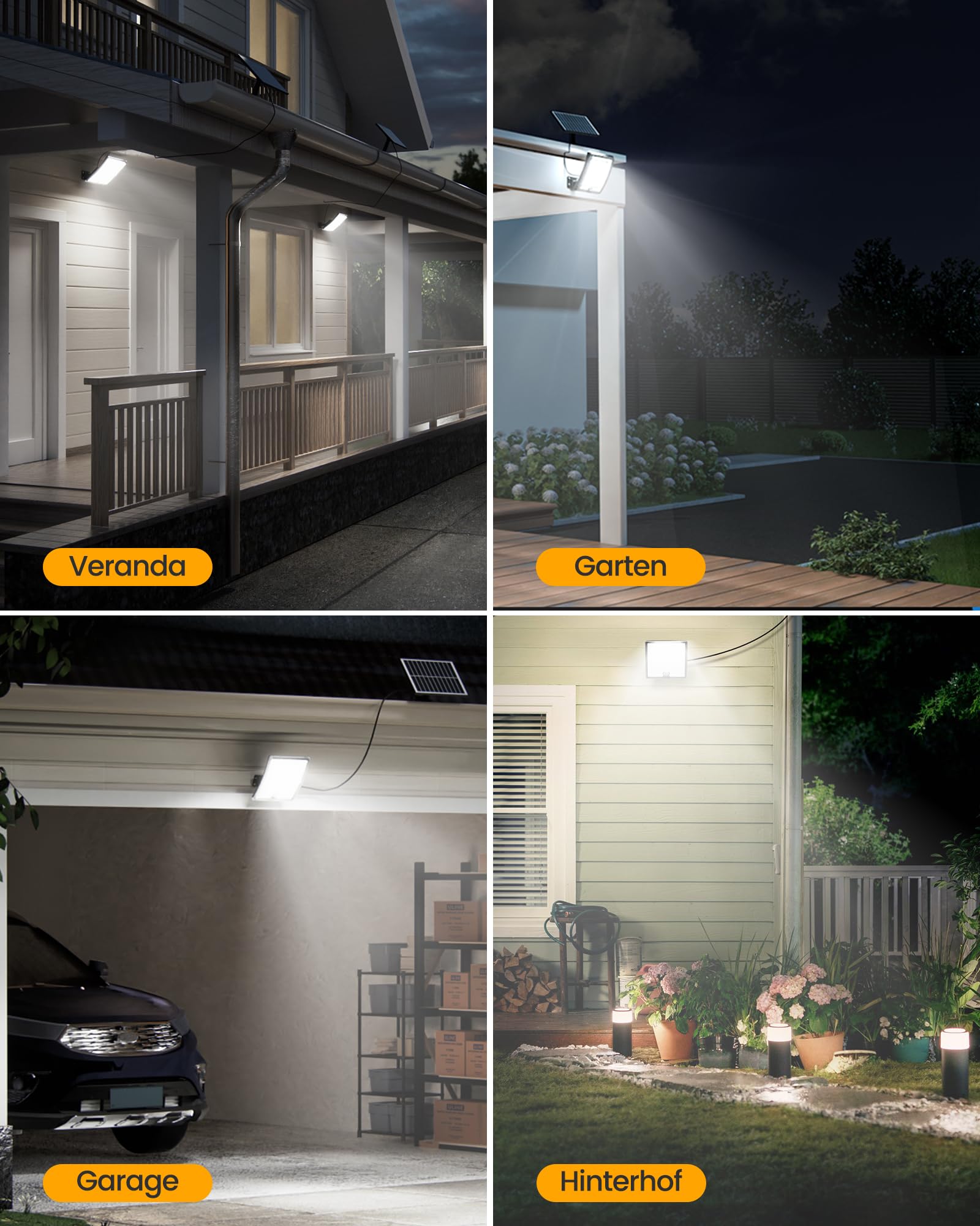 Solarlampen für Außen mit Bewegungsmelder, Solar Lampe Outdoor mit linsenfokussierte LED, 3 Modi LED Solarleuchten für Aussen, 5m Kabel, Monokristallines Solarpanel, IP65 wasserdicht, 4 Stück