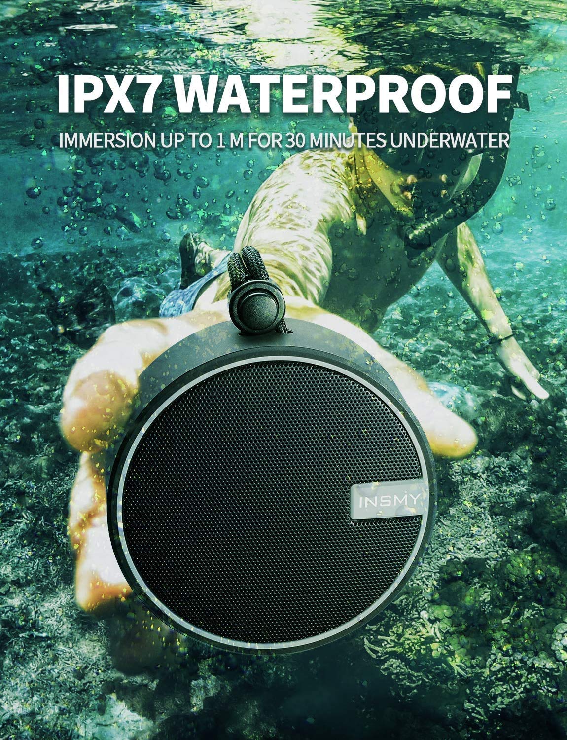 INSMY IPX7 Vandtæt Bluetooth-højttaler til bruser, Bærbar Trådløs Udendørshøjttaler med HD-lyd, Understøtter TF-kort, Sugekop Til Hjemmet, Pool, Strand, Sejlads, Vandring 12T Spilletid_voghion.com