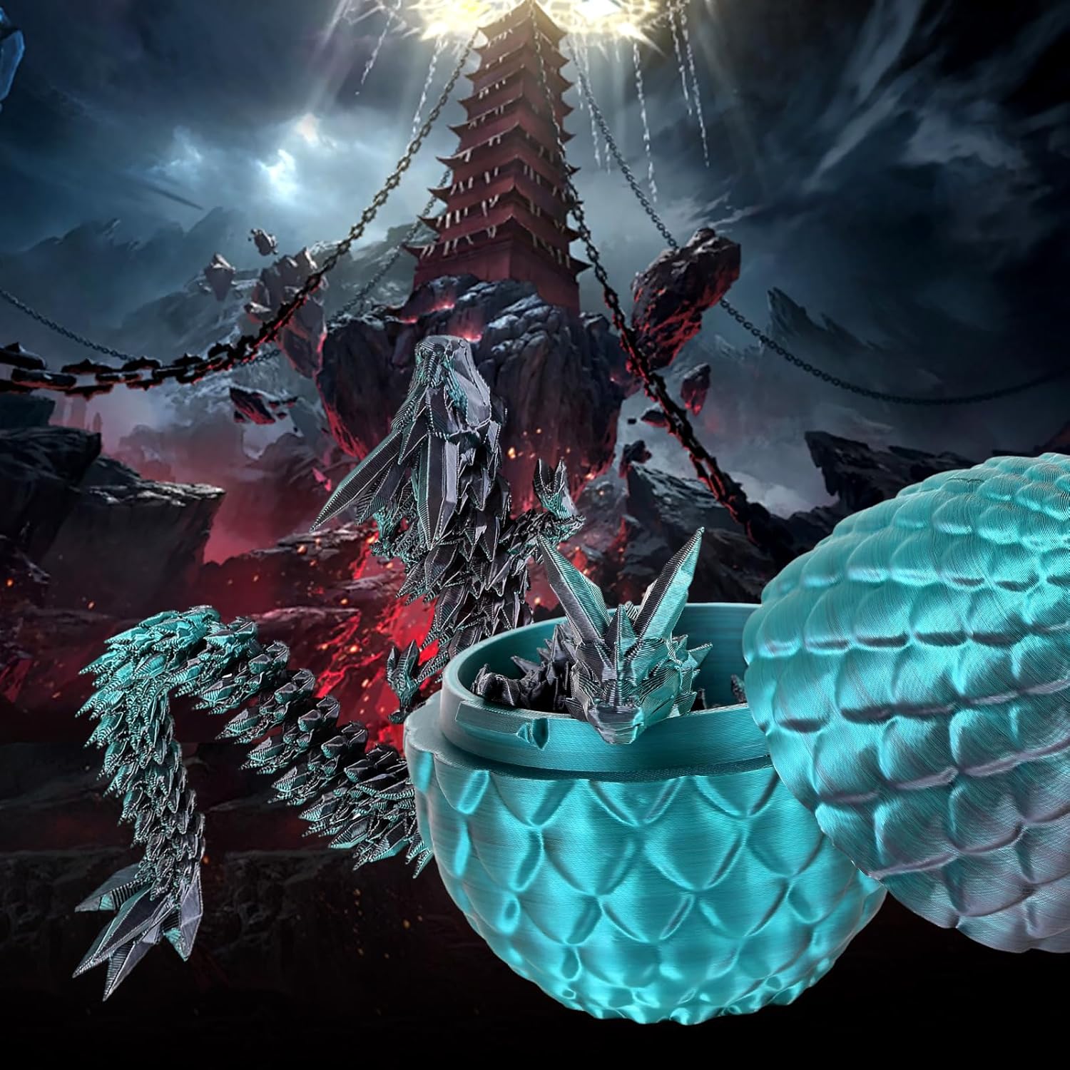 3D Printed Dragon Eggs with Dragon Inside,Articulated 3D Dragon,Crystal Egg Fidget Toys Black Green