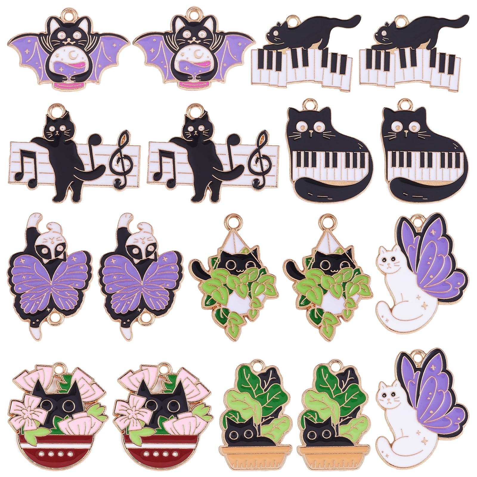 COGCHARGER 18Pcs Cat Charms Pendants Bat Alloy Enamel Charms Cute Cartoon Animal Halloween Charms for Jewelry Bracelets Necklace Earrings Making DIY