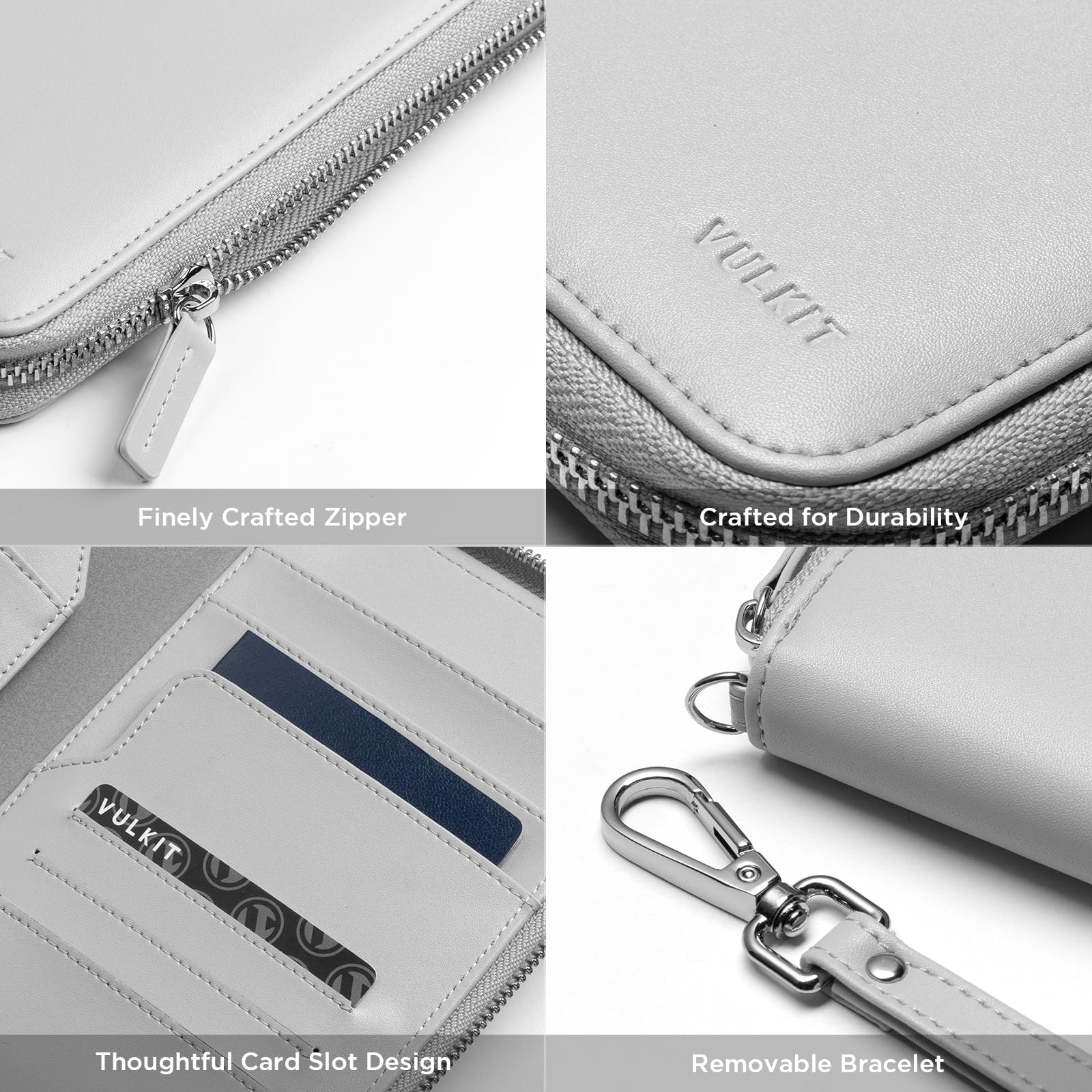 VULKIT Skórzany uchwyt na paszport rodzinny organizer na dokumenty podróżne z blokadą RFID, portfel podróżny, wąskie, podwójne gniazda, karty SIM i uchwyty na karty, szary, Minimalistyczny