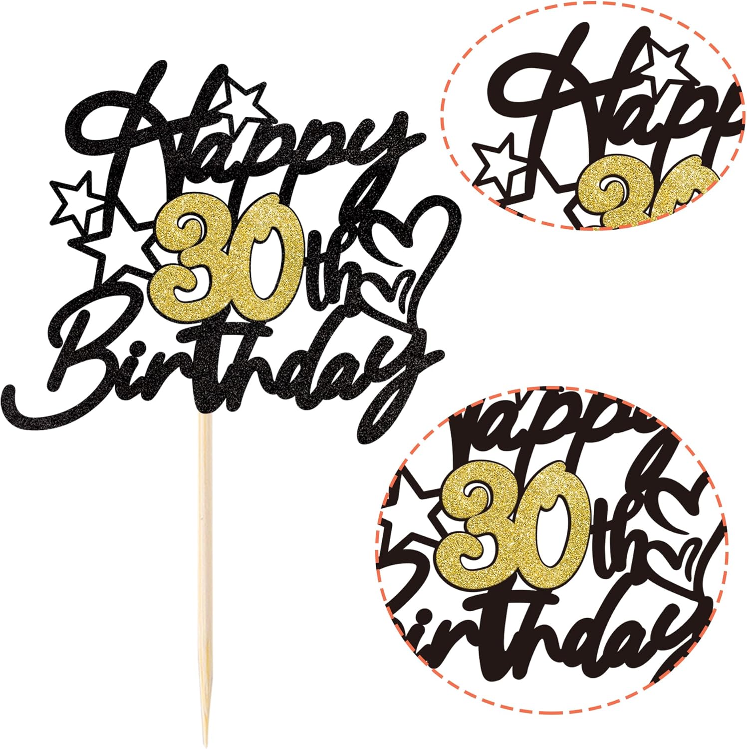 1 Pack Happy 30th Birthday Cake Topper Glitter Cheers to 30 Years Thirty 30 Fabulous Birthday Cake Pick with Love Star for Happy 30th Birthday Anniversary Party Cake Decoration Supplies Black Gold