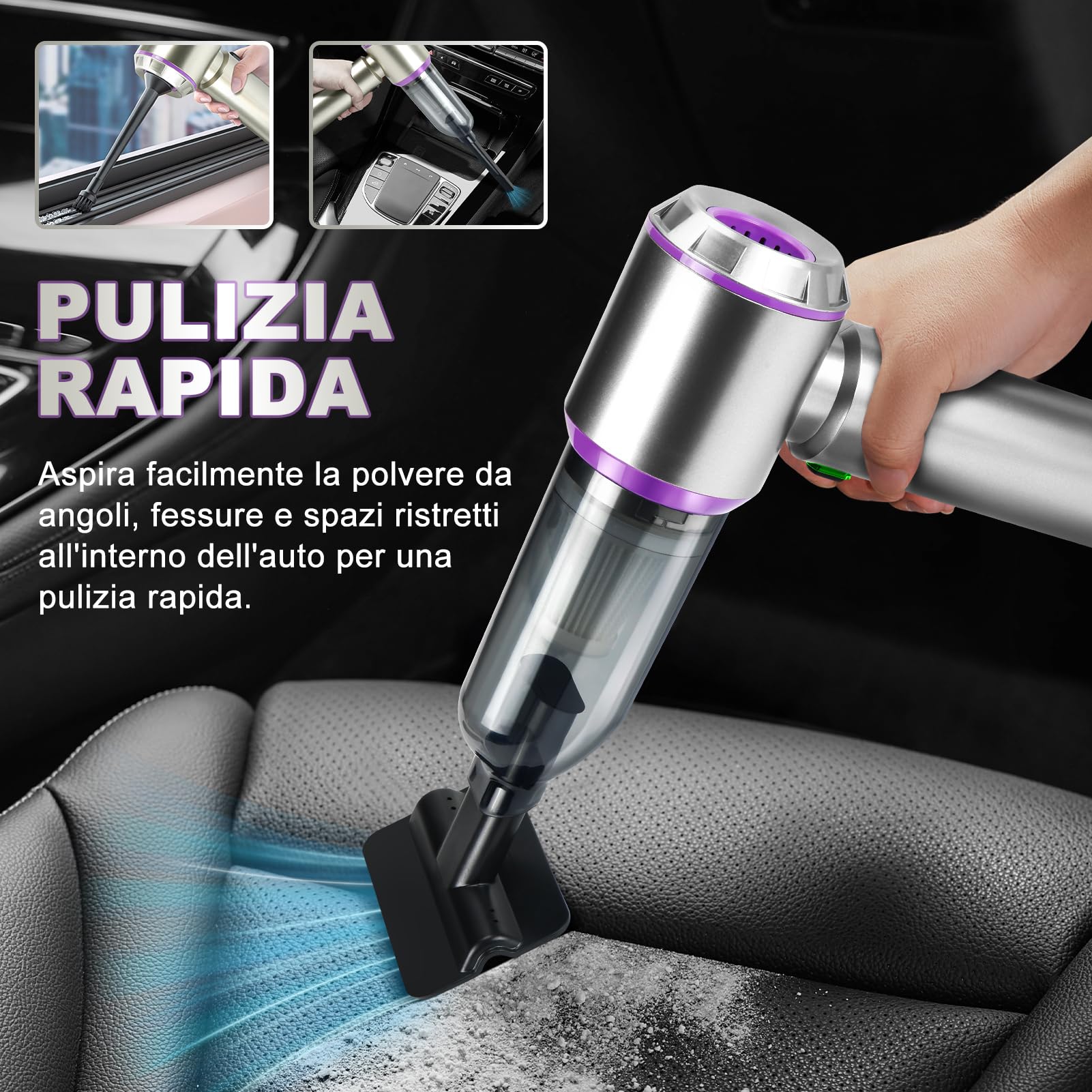Aspirapolvere Auto 16000 Pa 4 in 1 Aspirabriciole Senza Fili Potente Portatile Mini Aspirapolvere 6000mAh USB Ricaricabile Aspirapolvere Adatto per la Pulizia di Auto, Casa, Animali Peli Casa Letto