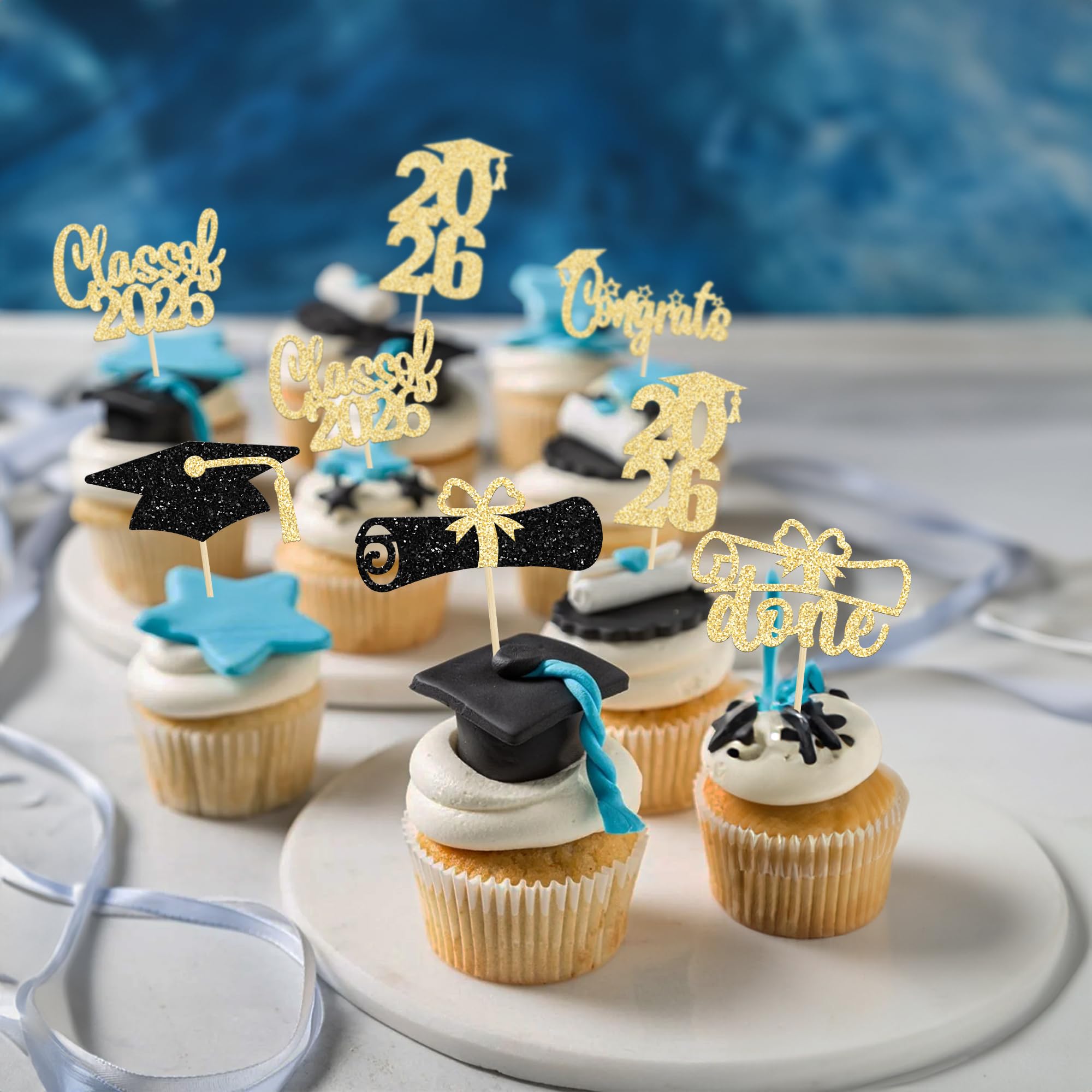 Graduation Cupcake Toppers 2026 Gold Glitter Class of 2026 Cupcake Toppers Supplies 2026 Congrats Grad Cap Diploma Cupcake Picks for Graduation Party Decorations 2026 24Pcs - Image 4