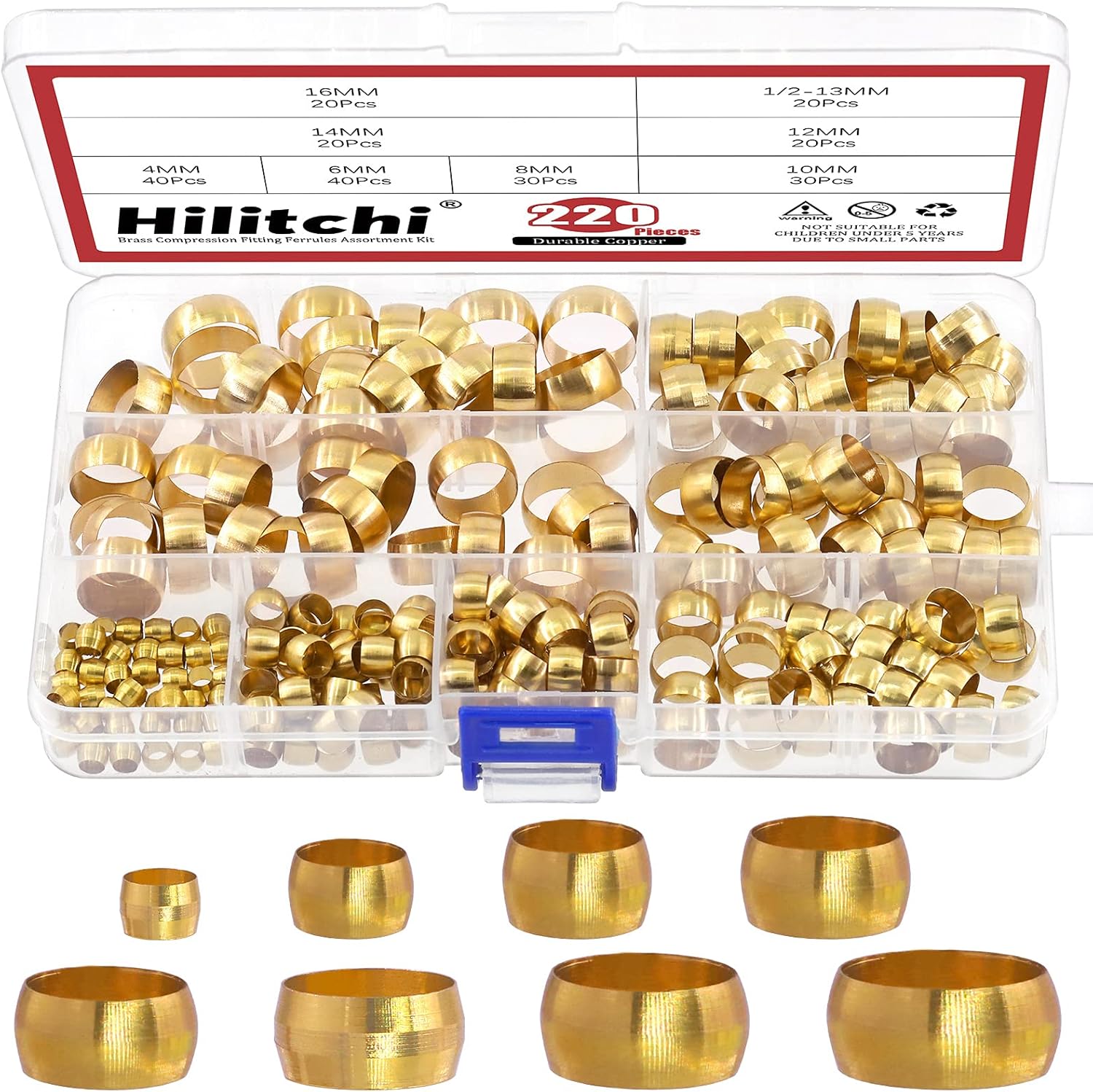 Hilitchi 8Sizes Tube OD 4mm-16mm Brass Compression Sleeves Ferrules Compression Fitting Kit (Metric, 220Pcs)