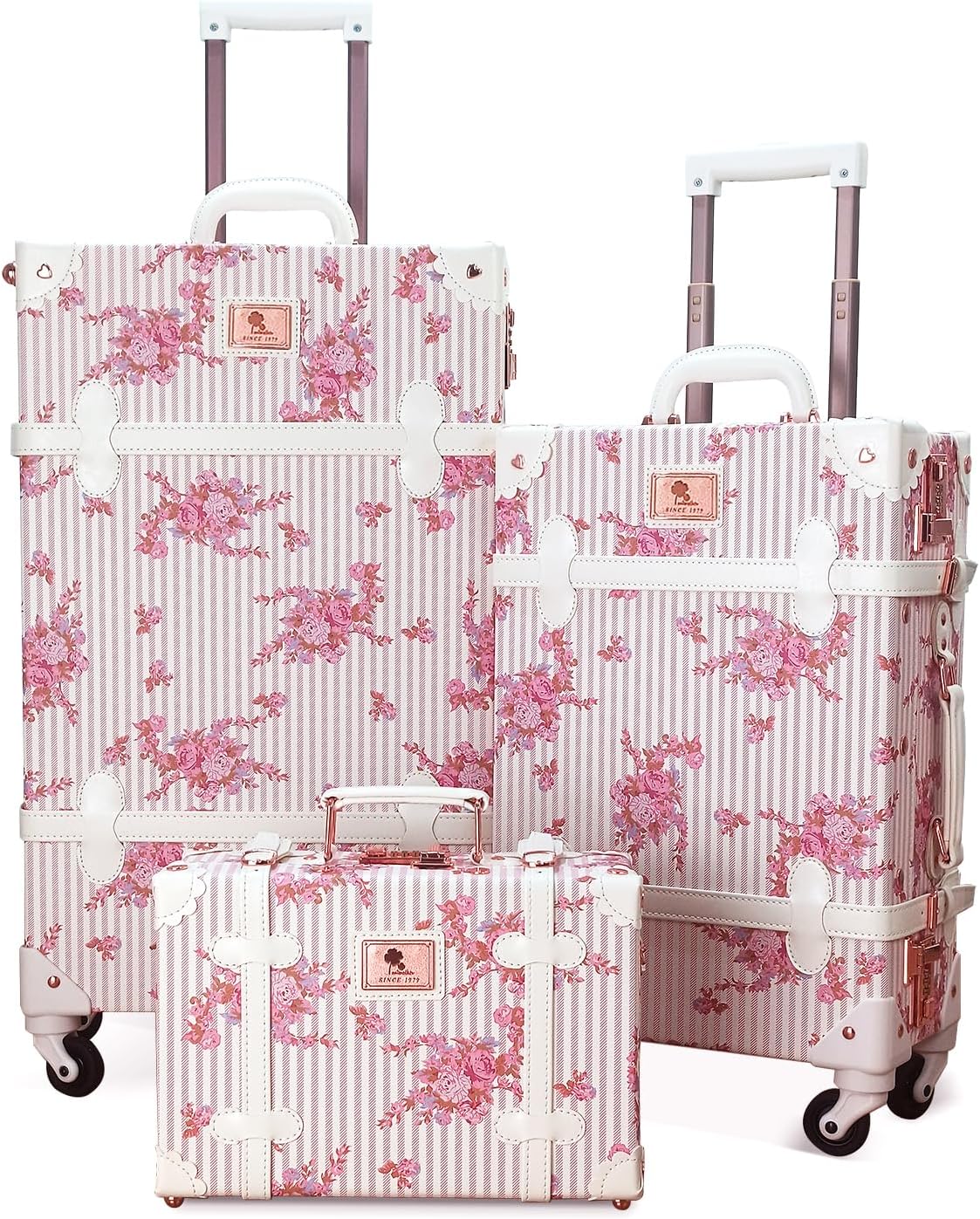 Unitravel Vintage Luggage Set, 3 Piece Retro Suitcase with Spinner Wheels Combination Lock and Carry On Cosmetic Train Case for Women (Pink Floral, 26"+20"+12")