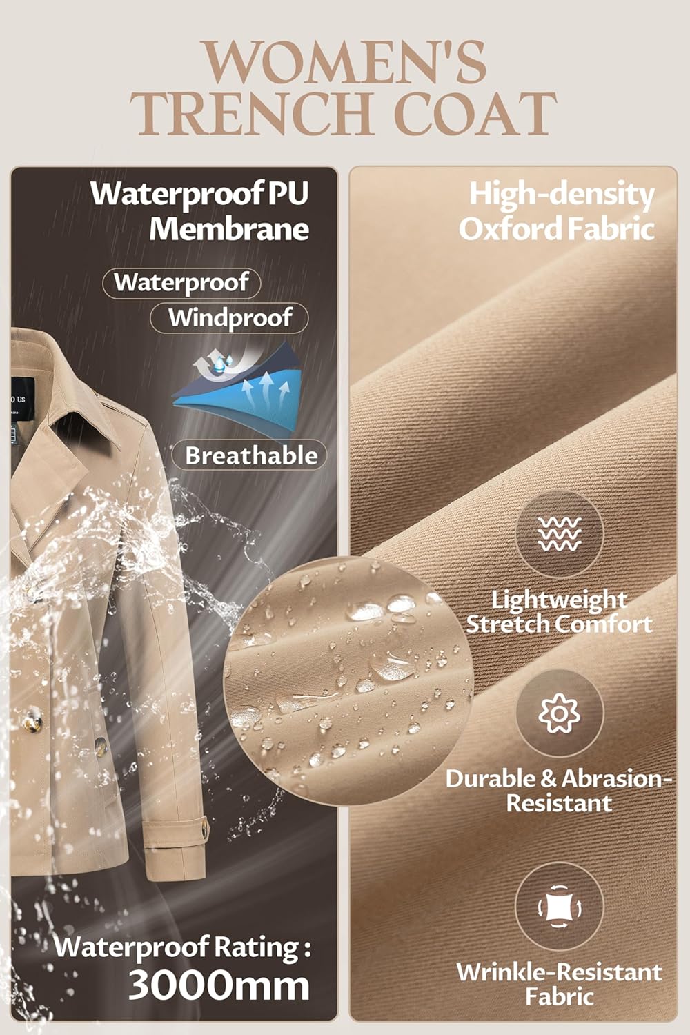 CREATMO US Women's Cropped Trench Coat Classic Double Breasted Lapel Jacket Water Repellent Outerwear - Image 5