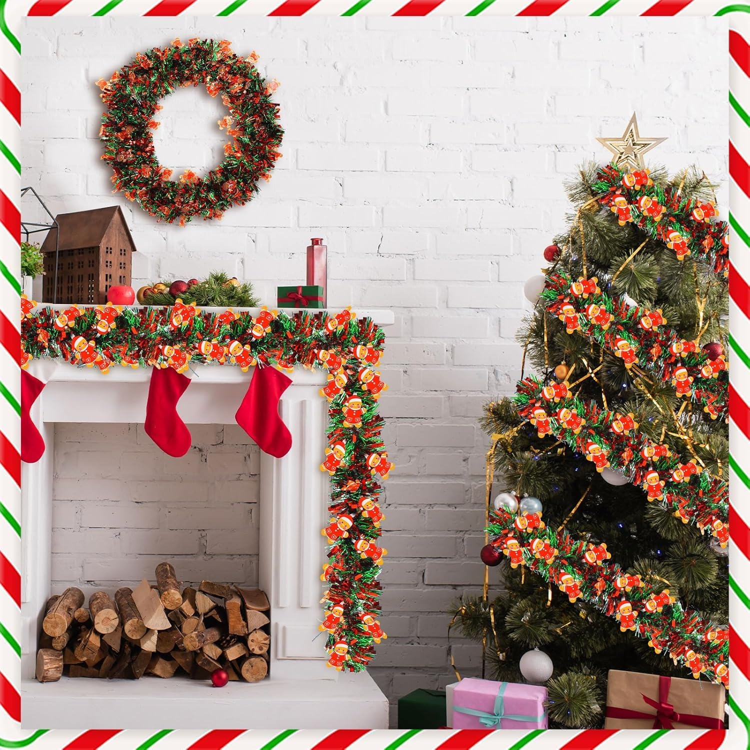 LATERN 10M Guirnalda Navideña de Oropel con Hombre de Jengibre, Rojo Verde Espumillón Metálico Guirnalda Gruesa Brillante para Árbol de Navidad Invierno Boda Cumpleaños Día Festivo Fiesta Decoración