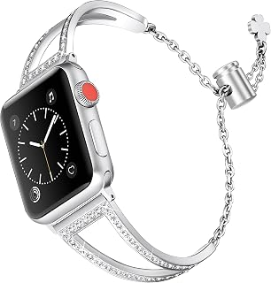 Secbolt Bling Bands Compatible with Apple Watch Bands 38mm 40mm 41mm 42mm 44mm 45mm iWatch Series 9/8/7/6/5/4/3/2/1/SE, Women Dressy Metal Jewelry Bracelet Bangle Wristband Stainless Steel