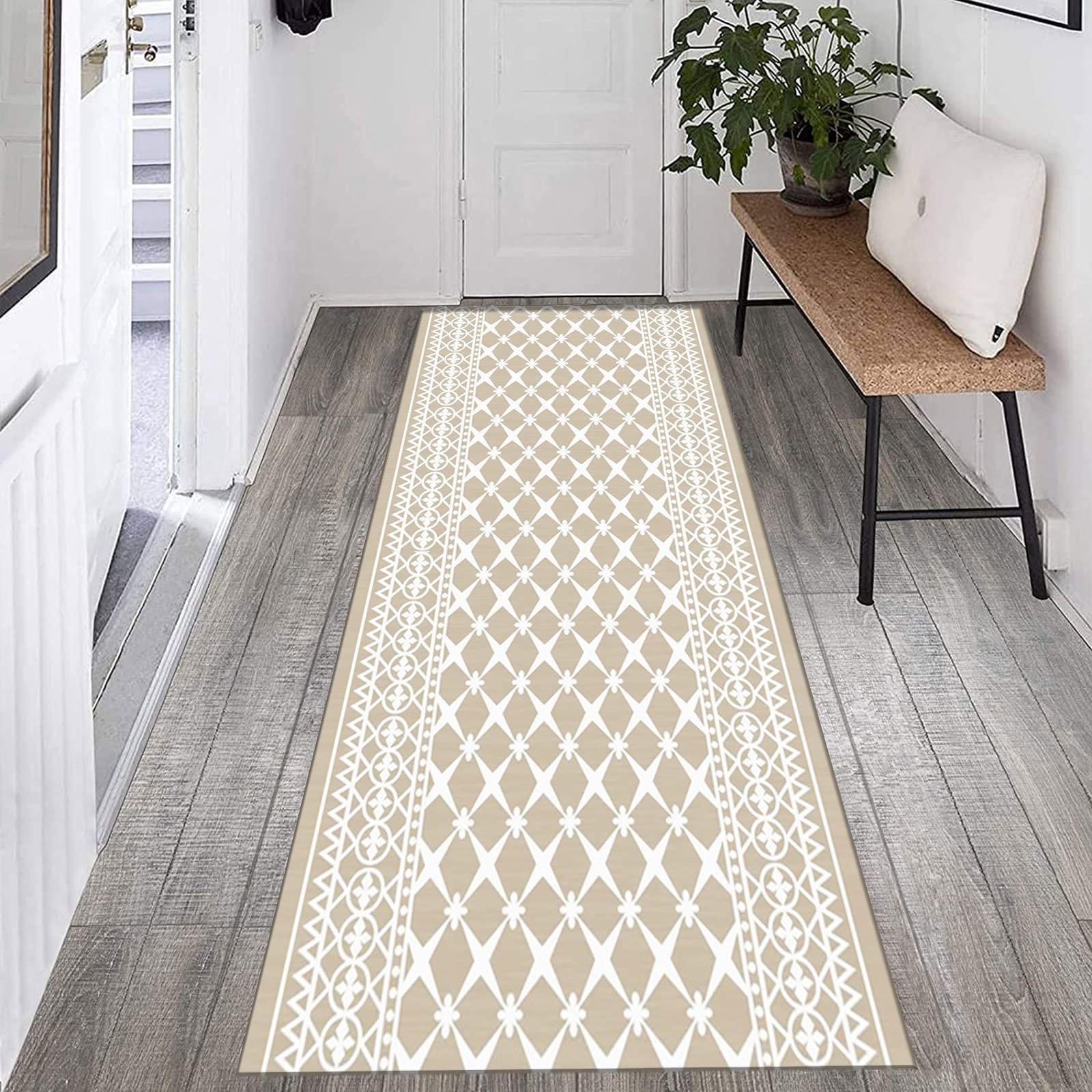 Läufer Teppich Flur rutschfest Waschbar Modern Minimalistisch Vintage Abstrakt Blumenmuster Geeignet für Küche und Wohnzimmer