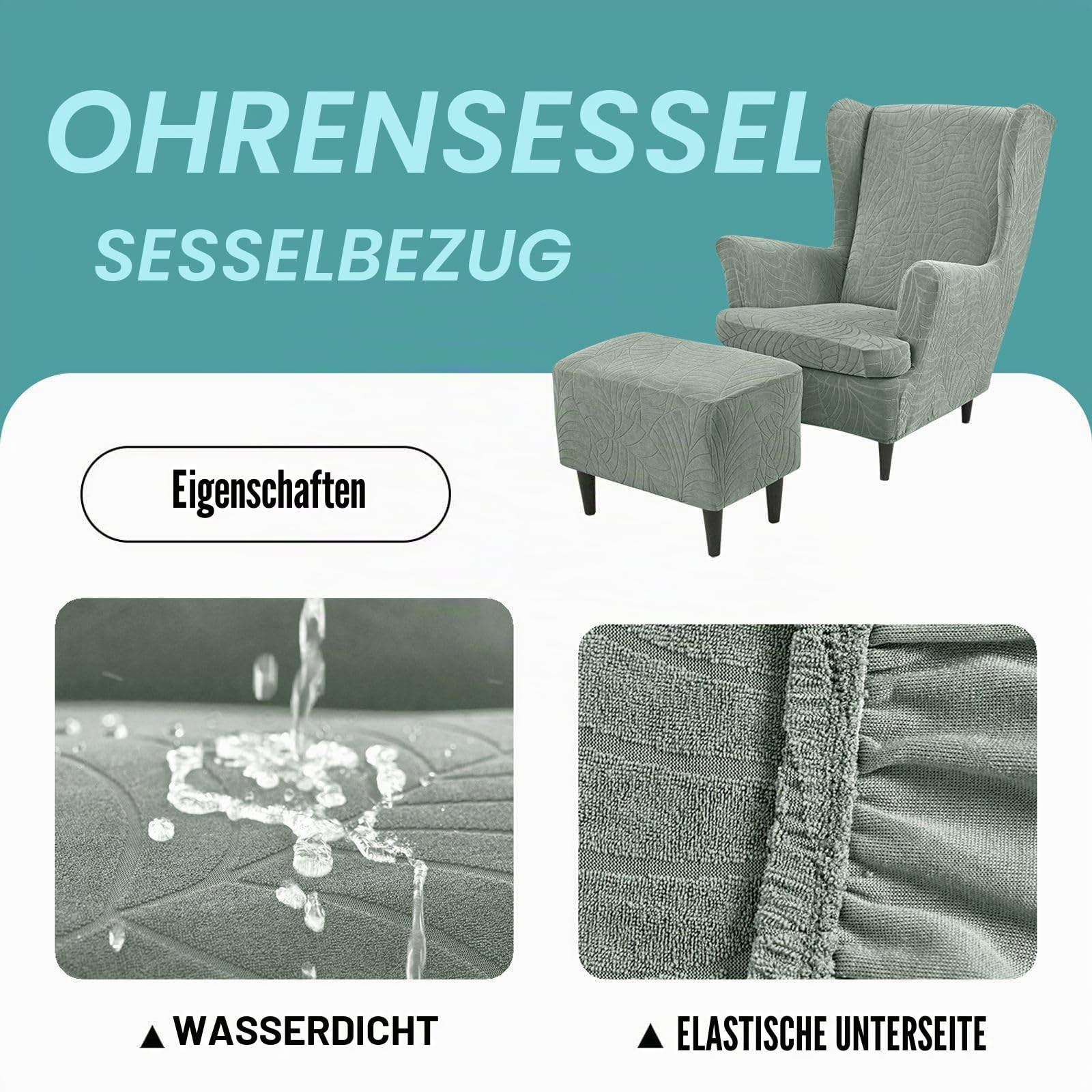 Stretchbezug für Ohrensessel, wasserdicht, dehnbar, mit Ottomanen-Bezug, abnehmbar und waschbar, Grün, 3-teiliges Set