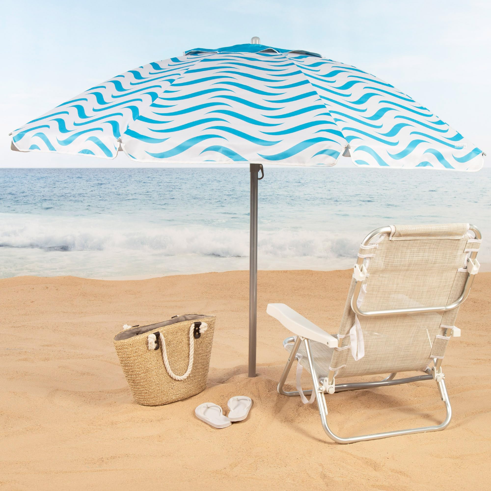 AKTIVE Parasol plażowy przeciwwiatrowy 220 cm, 8 żeber z włókna szklanego, wzór fal plażowych, wentylacja górna, ochrona UV50, stalowy drążek przechylny, 28/32 mm, w zestawie pokrowiec (62441), Biały,