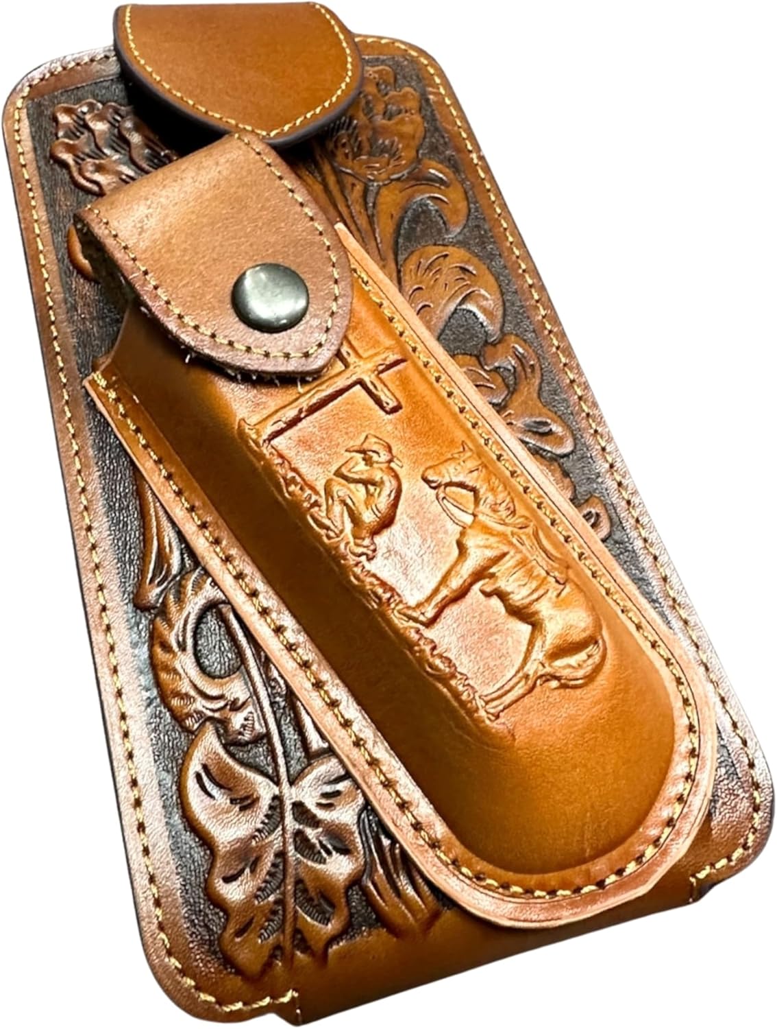 Western Leather Phone Holster with Knife Holder – Embossed Floral & Cowboy Praying at Cross Design – Belt Loop Carry – Fits iPhone, Samsung – Ranch & Rodeo Style
