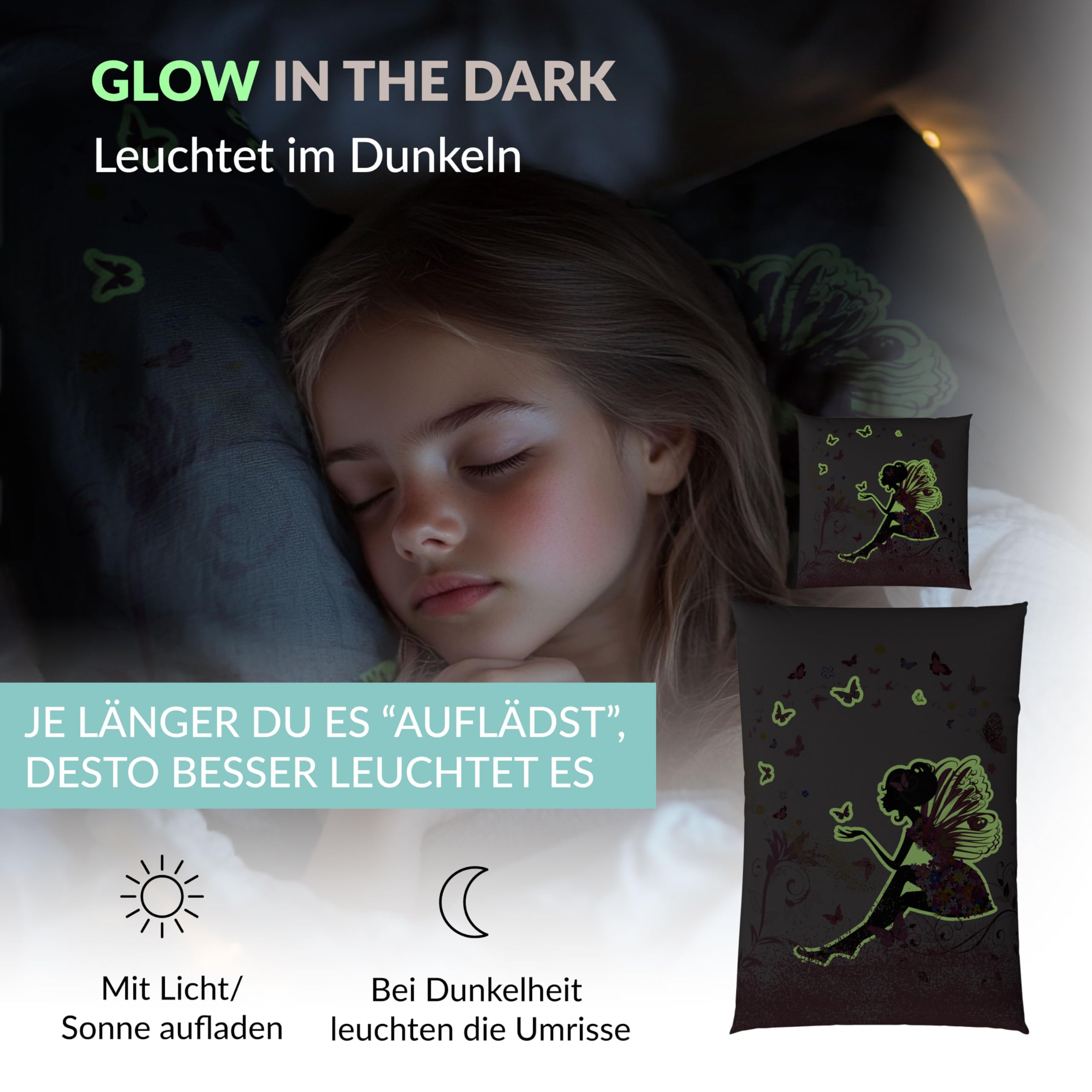 Carpe Sonno Kinder Bettwäsche 135x200 Kinder [Leuchtet im Dunkeln] Fee Motiv + 10 Spiele | 100% Baumwolle + Oeko-Tex 100 | Kinderbettwäsche Glow in The Dark | Schmetterling Bettwäsche Mädchen 135x200