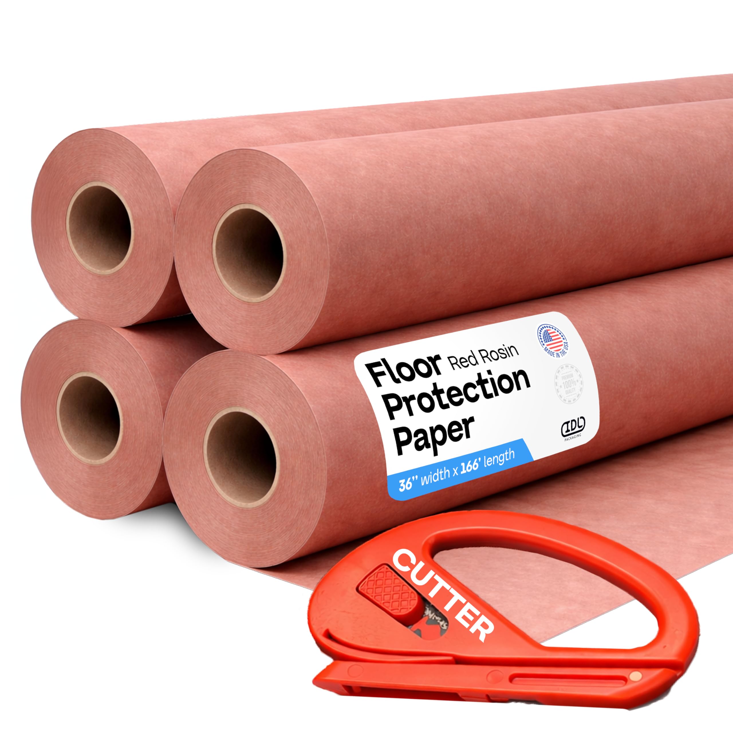 Red Rosin Masking Paper 36" x 166 feet, 4 Rolls + 1 Cutter – Thick Floor Covering (66 lbs, 1992 sq.ft Total) - USA-Made Masking Paper for Painting &amp; Construction, Surface Protection by IDL Packaging