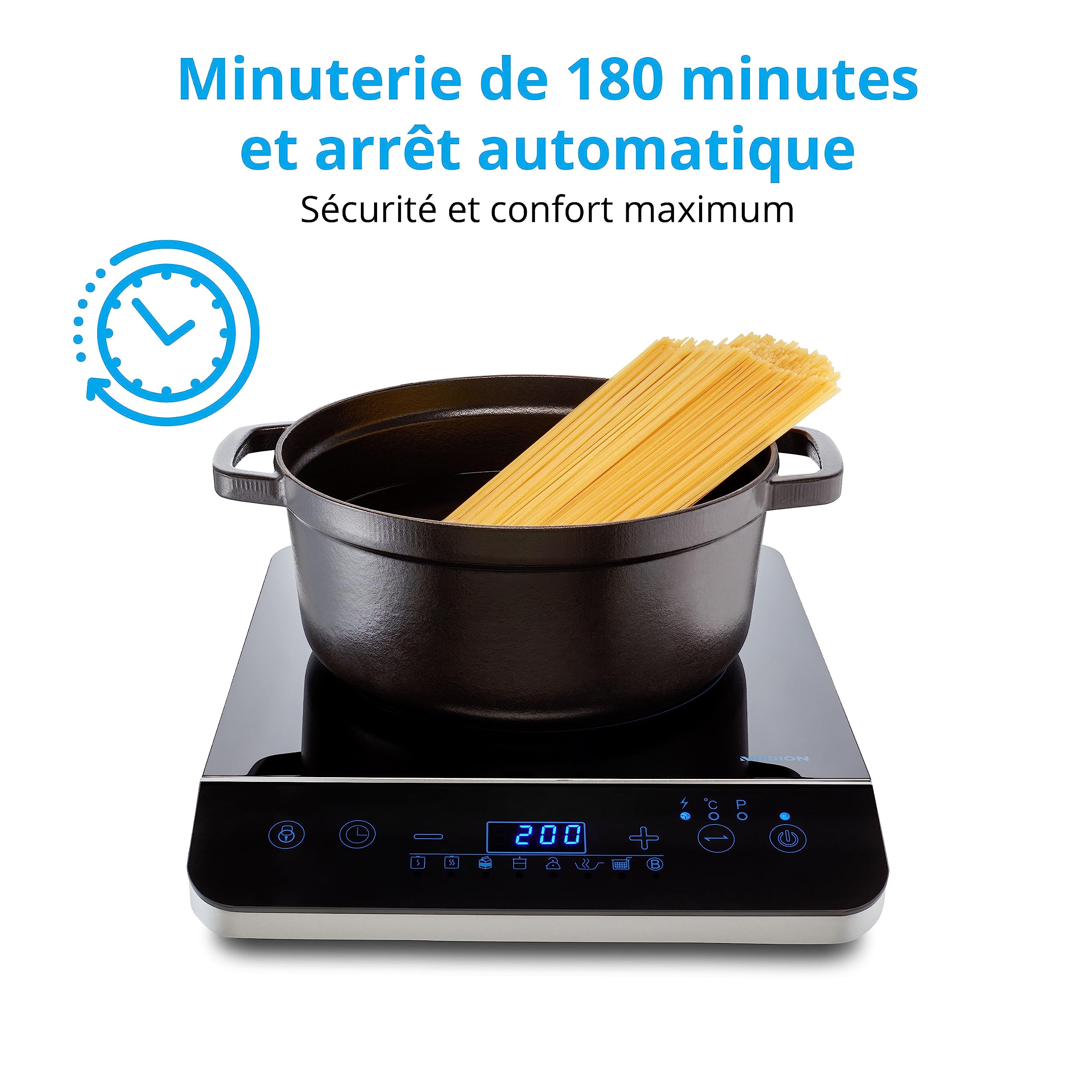 MEDION Plaque de cuisson à induction, 2000 Watt, Plage de température 60-240°C, 8 programmes automatiques, 10 niveaux de puissance, Ecran LED, MD 17595, noir