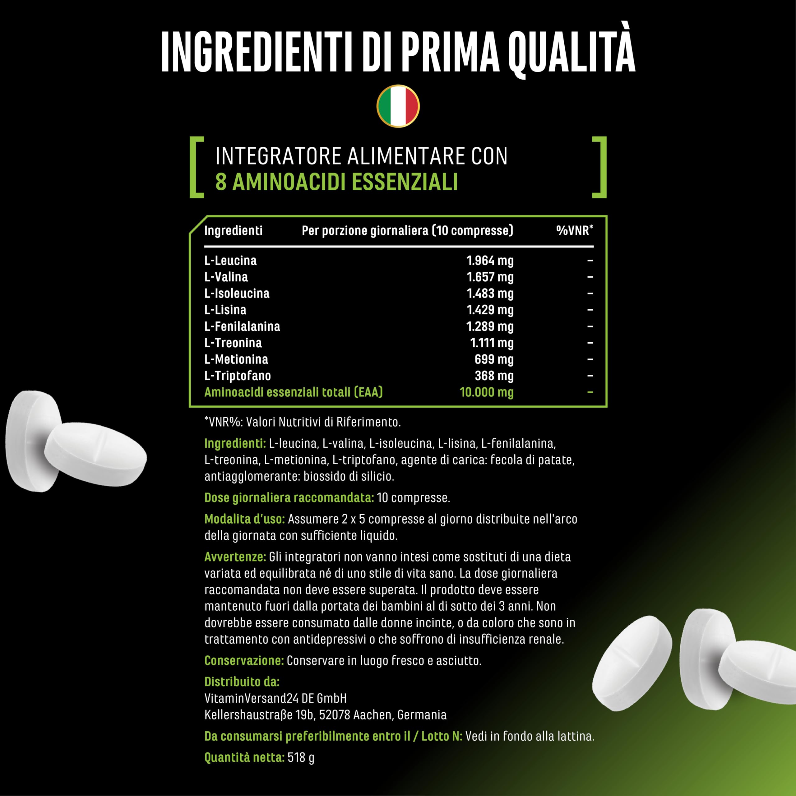 Multi Amino-EAA Pattern Code - 500 compresse da 1000 mg ciascuna - Formula Human Code - Tutti gli 8 aminoacidi essenziali - Da fermentazione vegetale - Alto dosaggio - Vegan