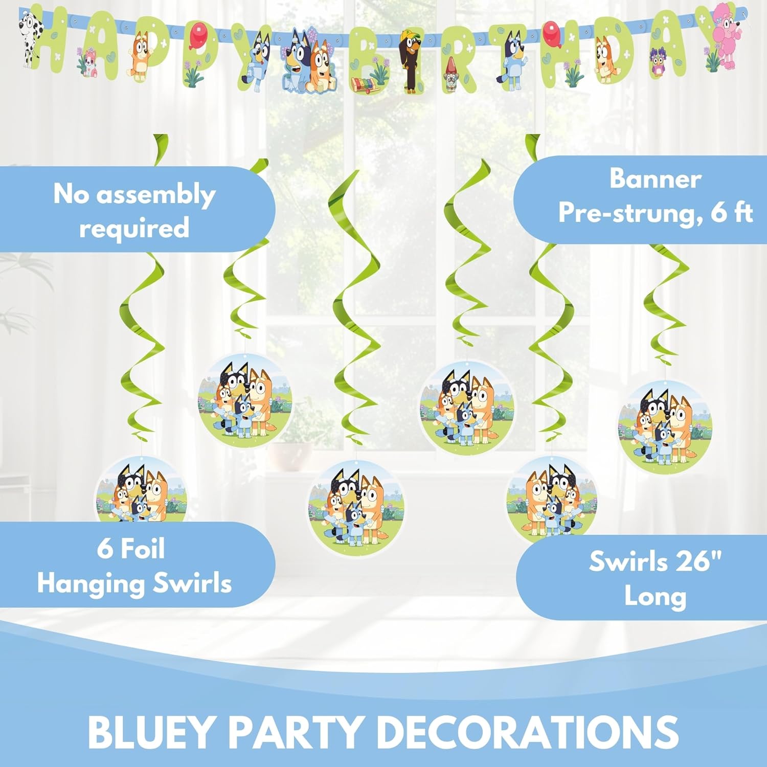 Bluey Birthday Banner and 6 Hanging Swirls | Bluey Birthday Decorations | Party Supplies | Officially Licensed