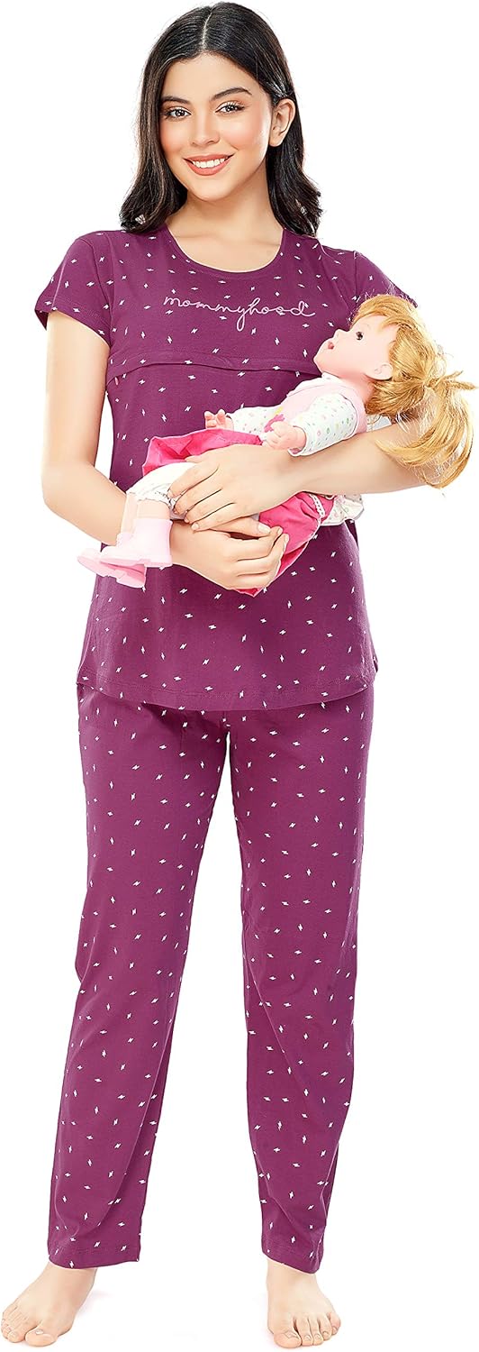 ZEYO Women’s Cotton Flash Printed Feeding Night Suit Set of Top & Pyjama Nursing Night Dress 5338