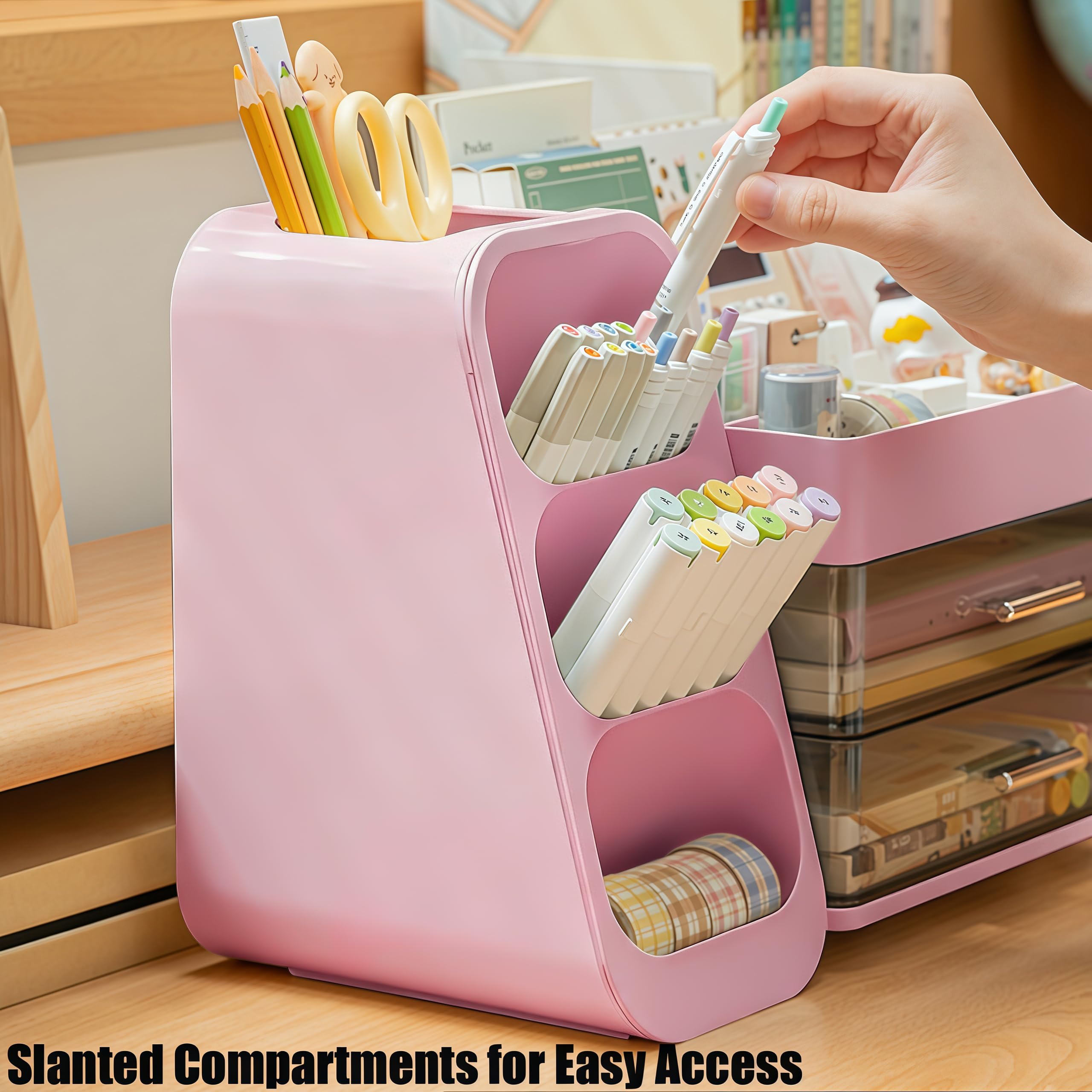Organizer da scrivania con portapenne, portapenne con 2 cassetti e 4 scomparti, organizer da scrivania e portaoggetti per ufficio, casa, scuola, forniture artistiche (rosa)