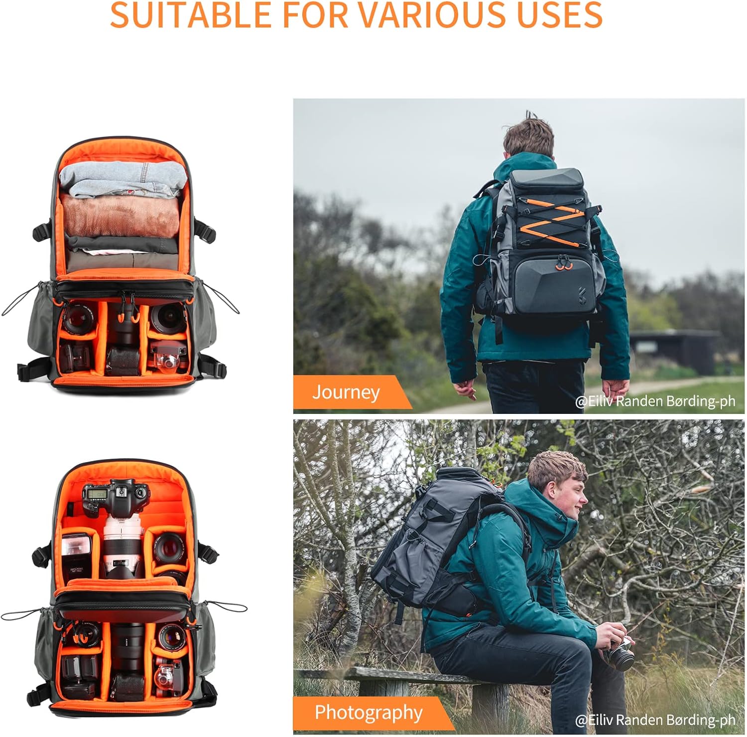 K&F CONCEPT Camera Bag EVA Waterproof 2 in 1Camera Backpack Shoulder Bag 32L Large Capacity with Rain Cover Storage for 15.6" Laptop for Photography - Image 4